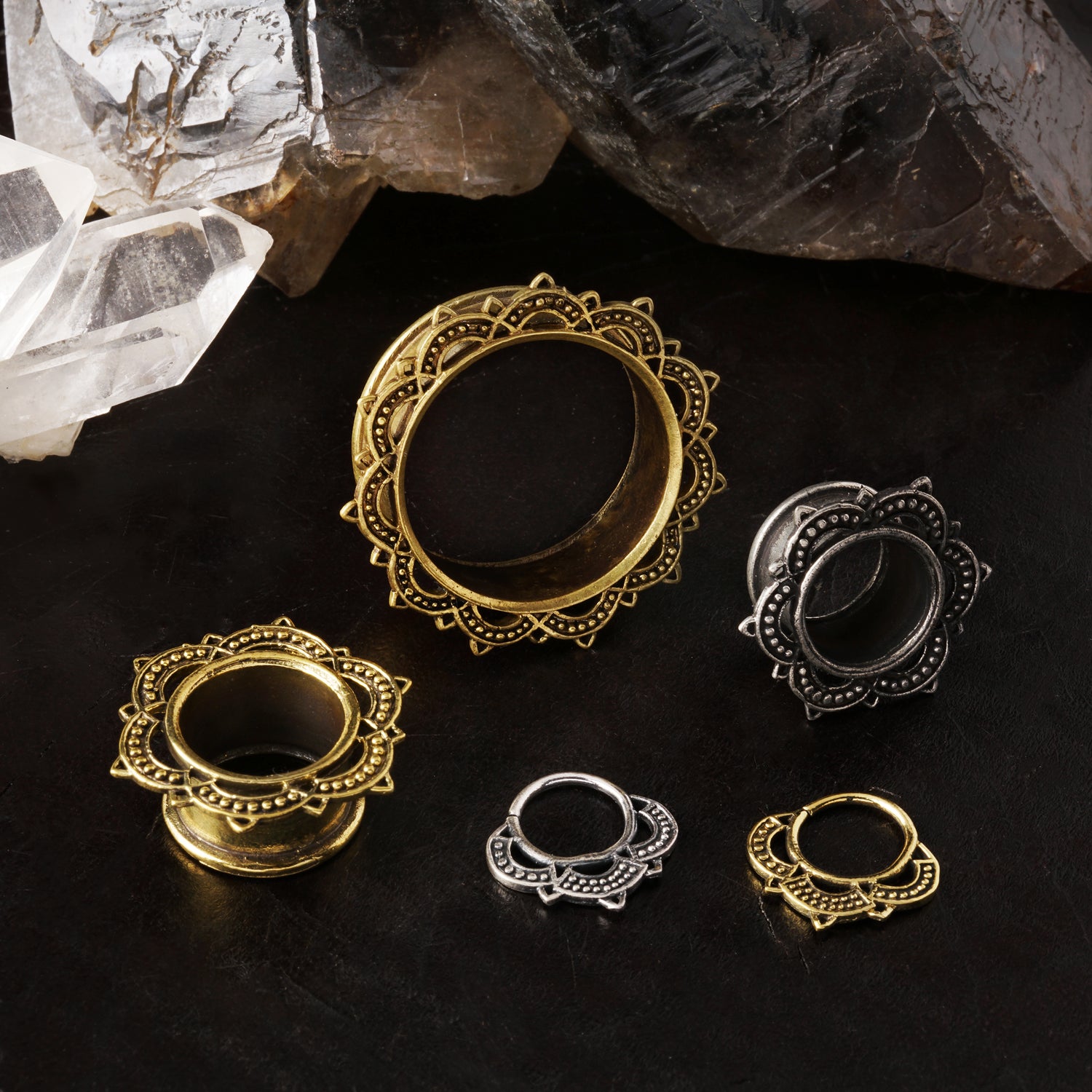 white and golden brass Lalita flower mandala tunnels