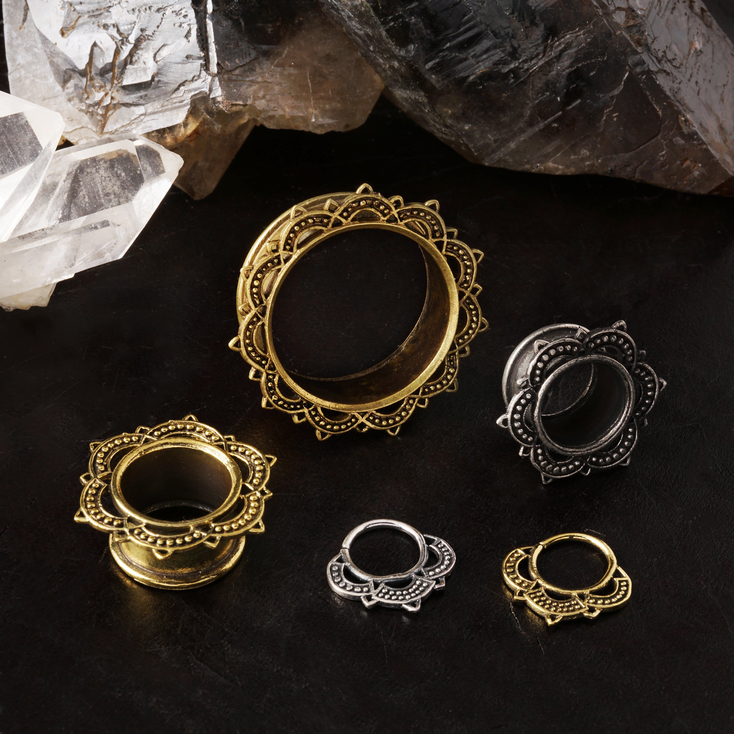 white and golden brass Lalita flower mandala tunnels