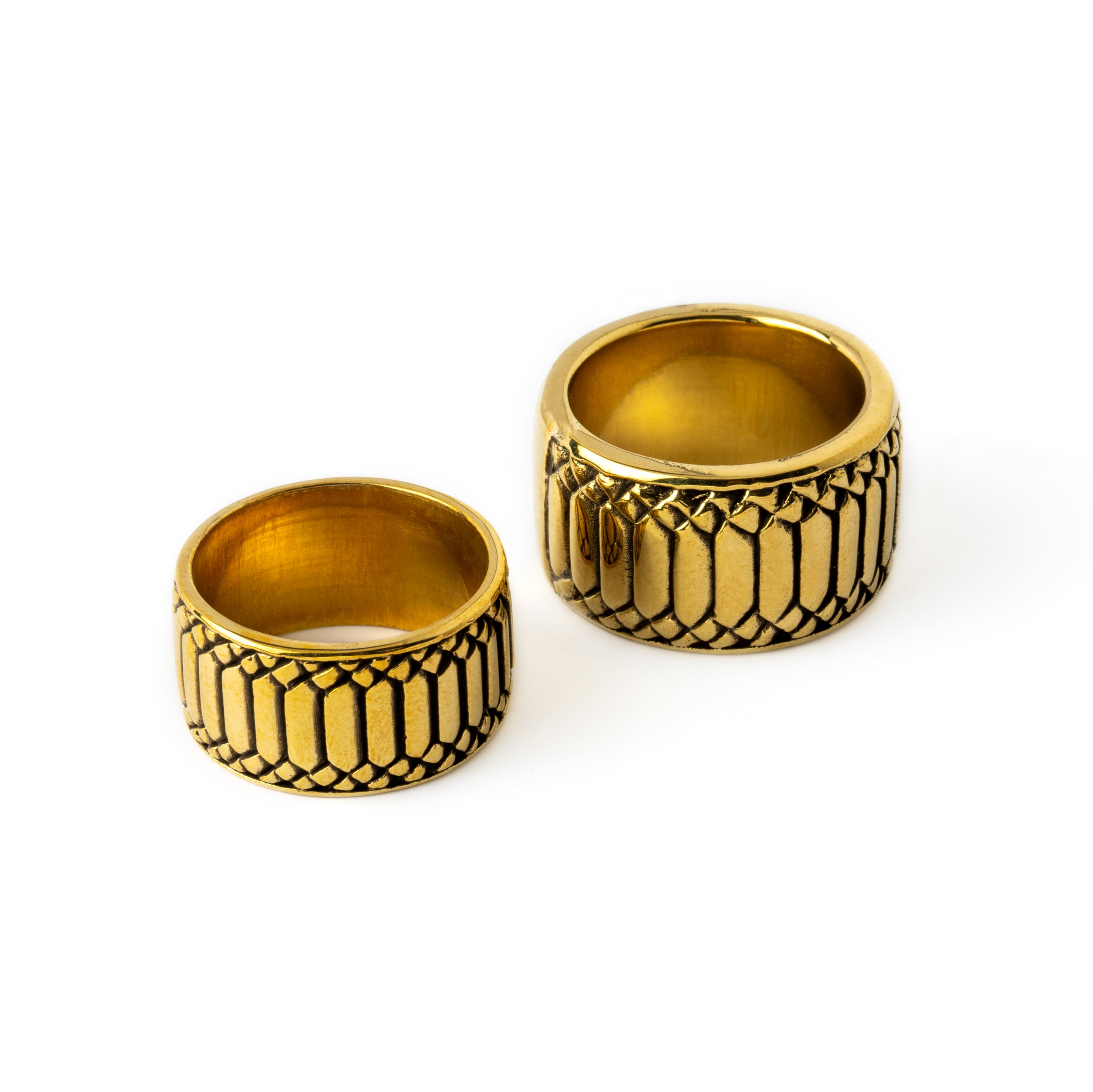 Apophis Rebirth men and women golden brass thick band rings with geometric pattern side view