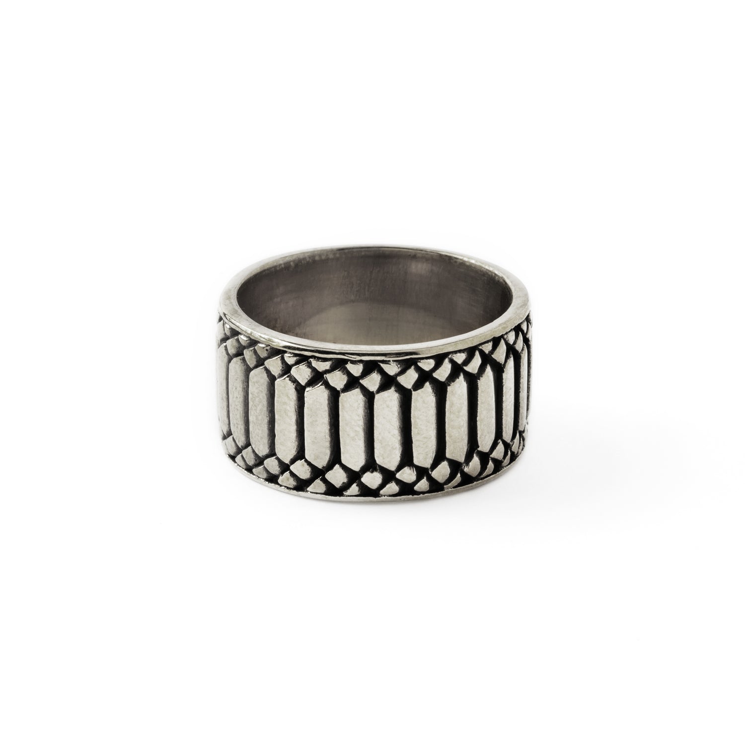 Apophis Rebirth silver thick band ring with geometric pattern frontal view