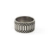 Apophis Rebirth silver thick band ring with geometric pattern frontal view