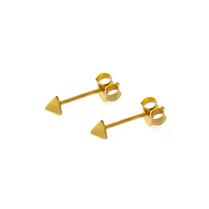 pair of gold tiny pyramid ear studs left side view