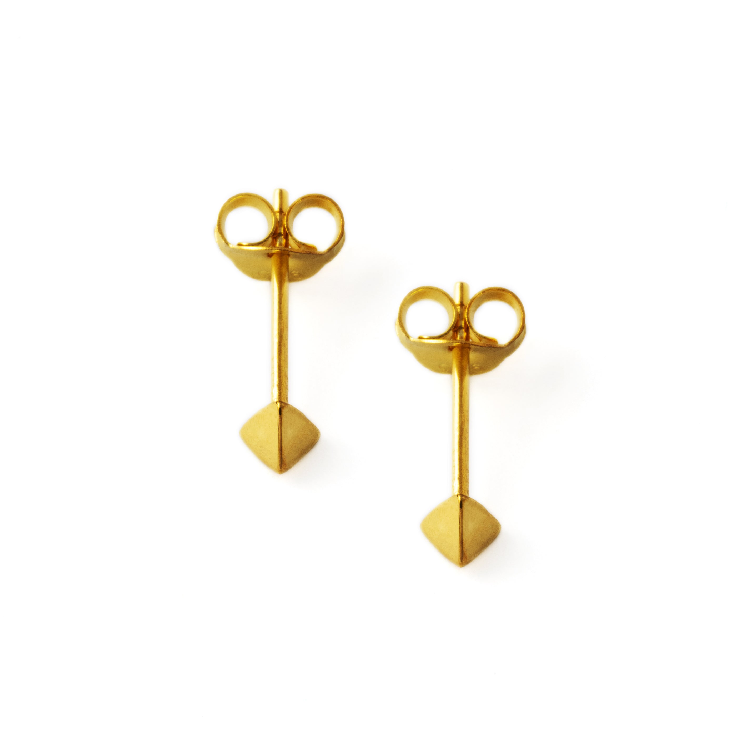 pair of gold tiny pyramid ear studs side view