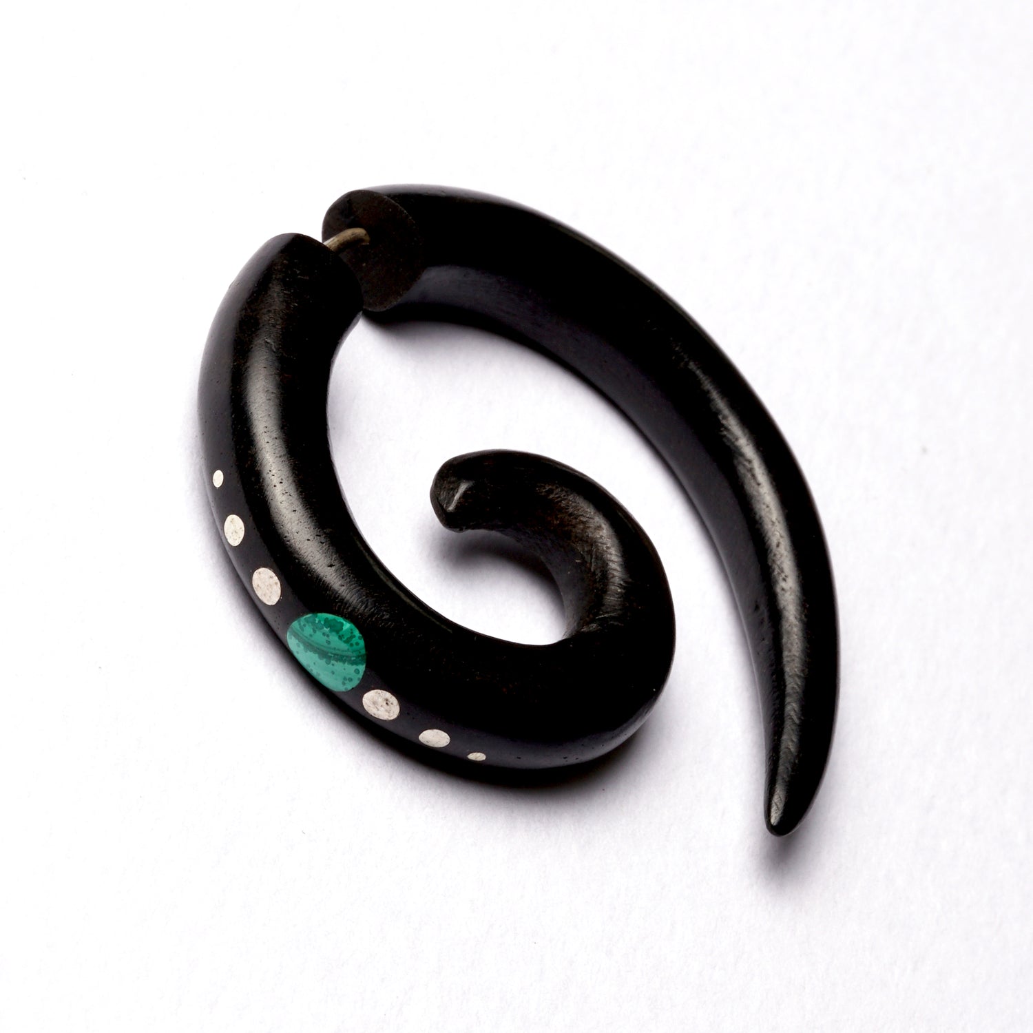 Koru Black Wood Fake Gauge Earring with Dots and Stone Inlay | Tribu Tribal Jewellery