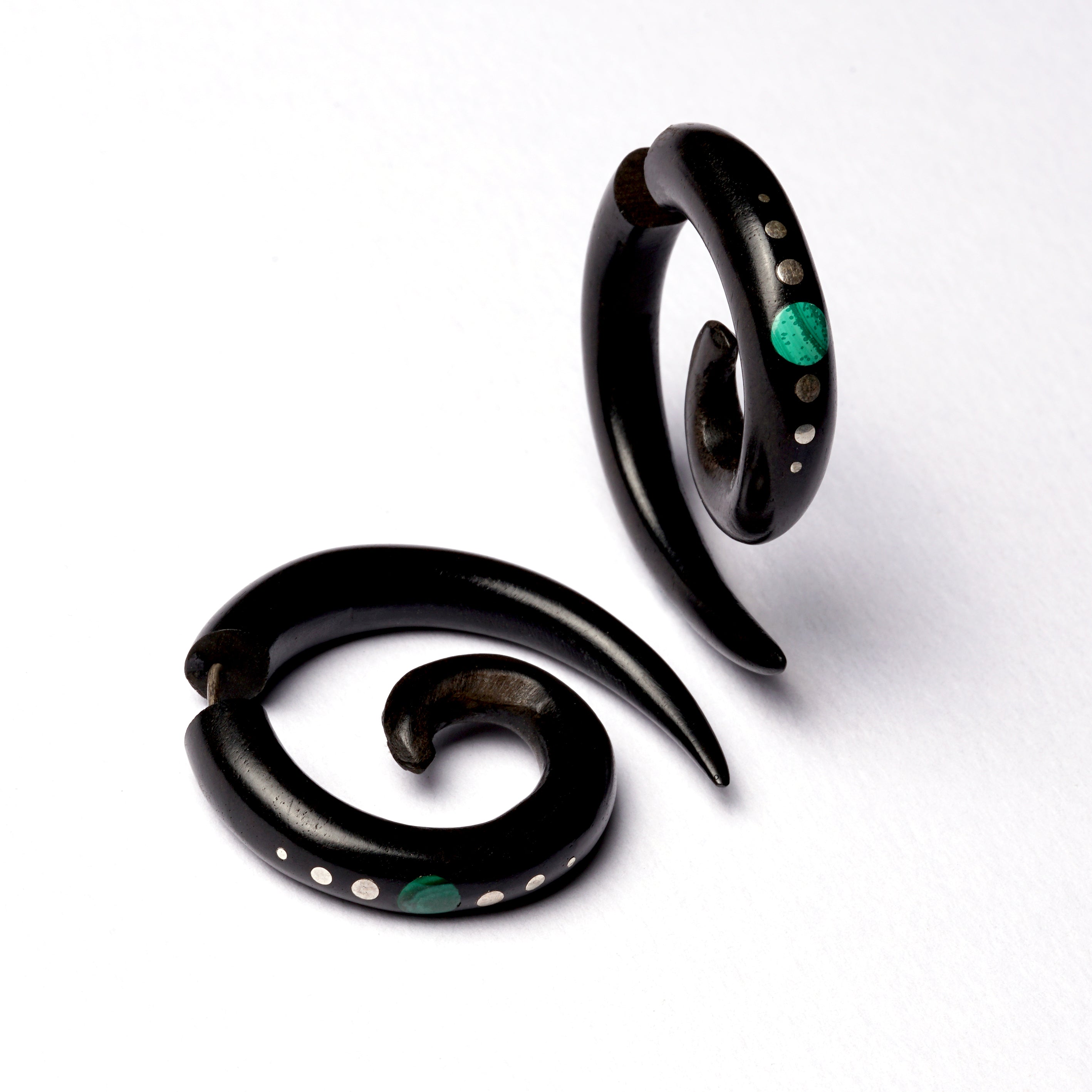 Koru Black Wood Fake Gauge Earring with Dots and Stone Inlay | Tribu Tribal Jewellery