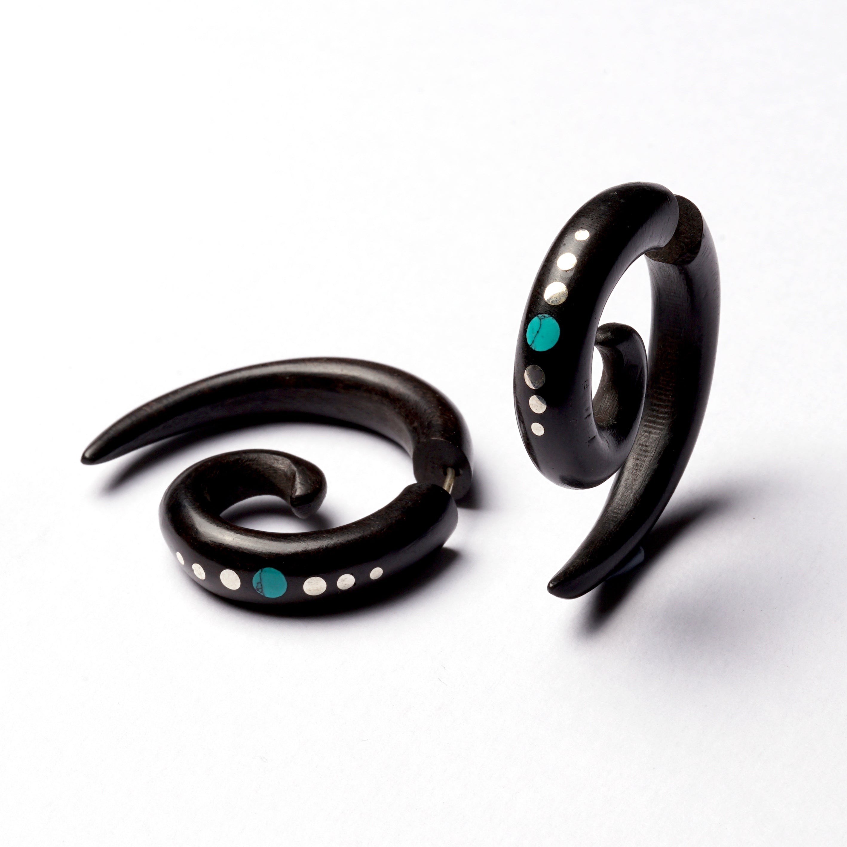 Koru Black Wood Fake Gauge Earring with Dots and Stone Inlay | Tribu Tribal Jewellery