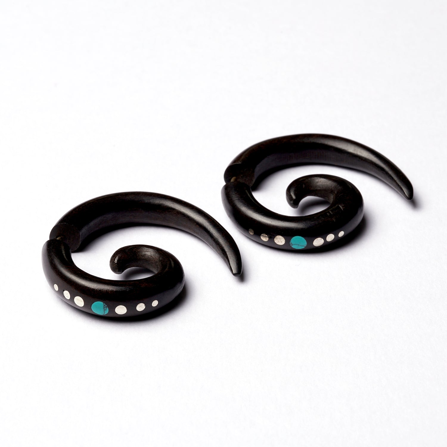 Koru Black Wood Fake Gauge Earring with Dots and Stone Inlay | Tribu Tribal Jewellery