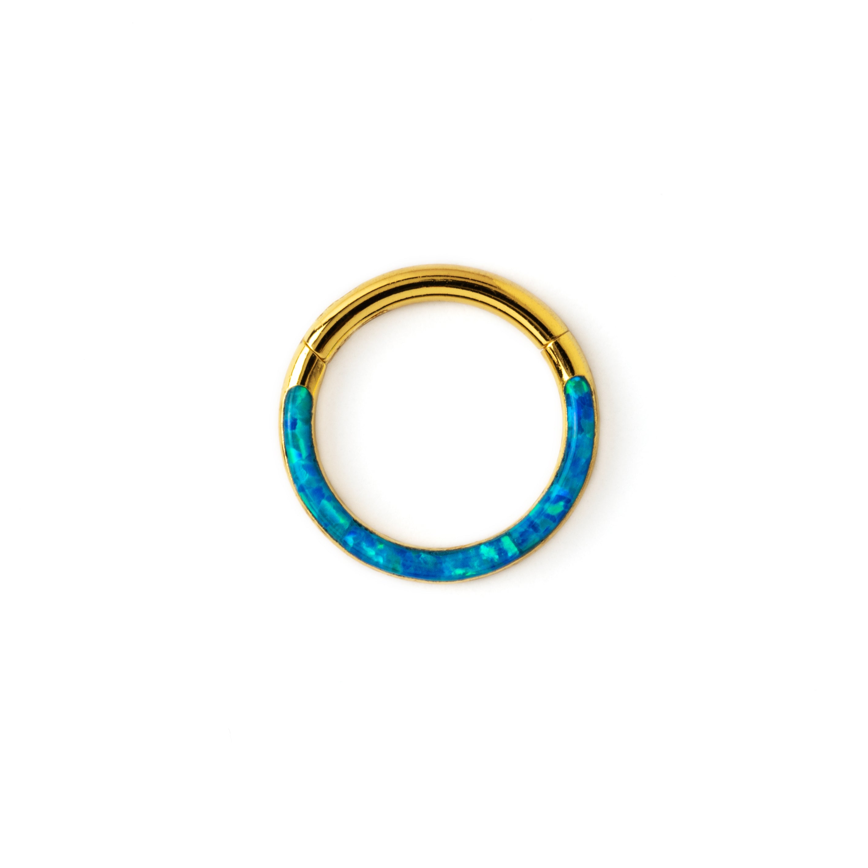 golden surgical steel clicker ring with forward blue opal inlay frontal view