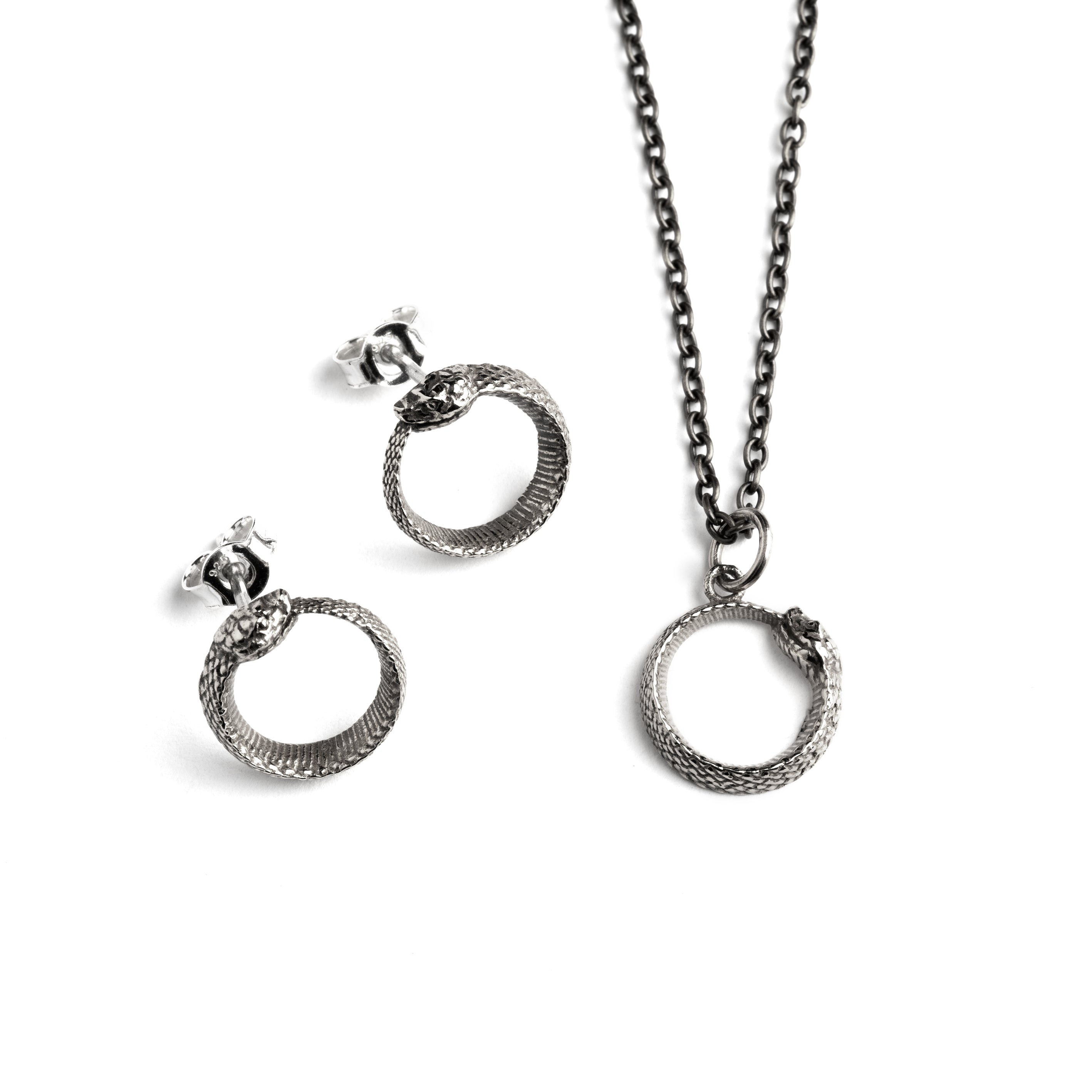 Tiny Silver Ouroboros Charm necklace with silver ouroboros ear studs