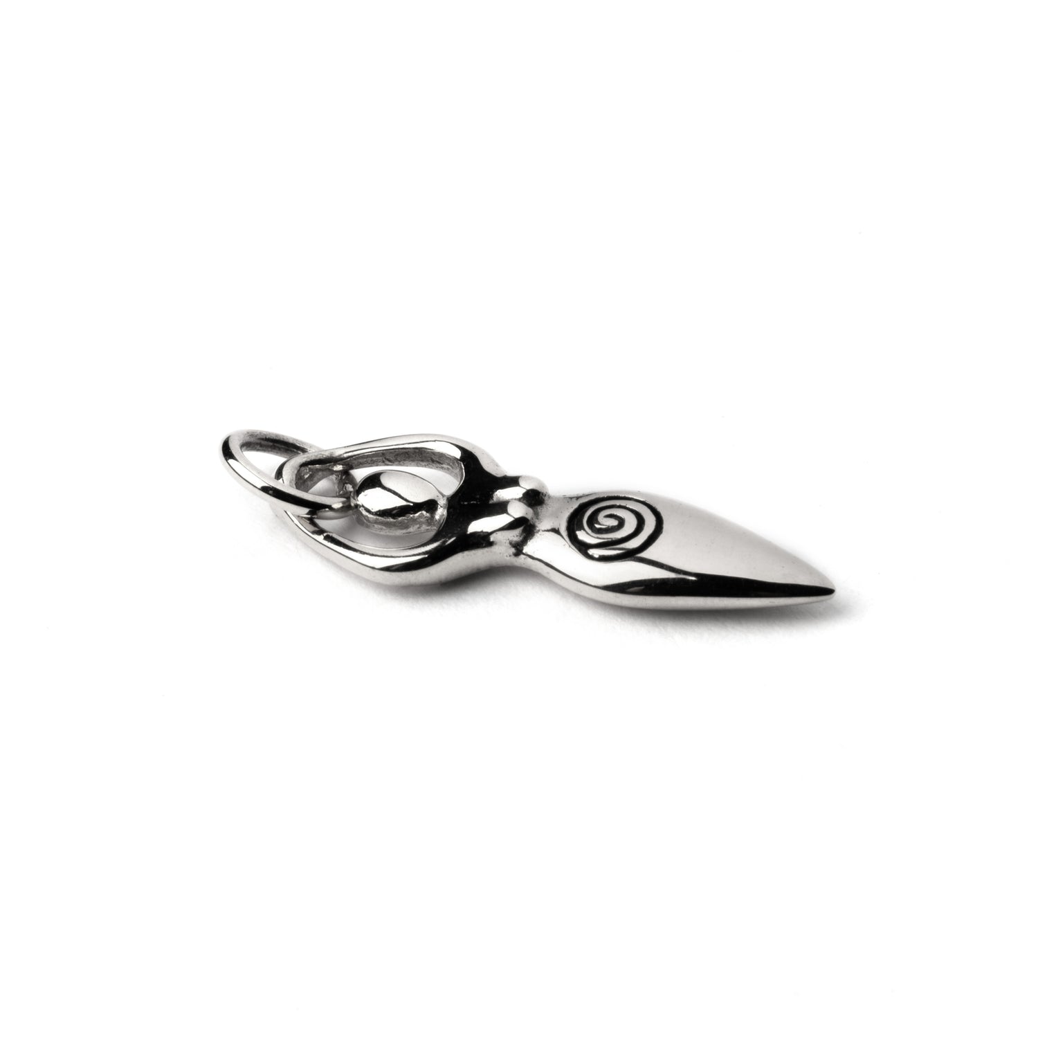 Tiny silver Fertility goddess with etched spiral charm only side view