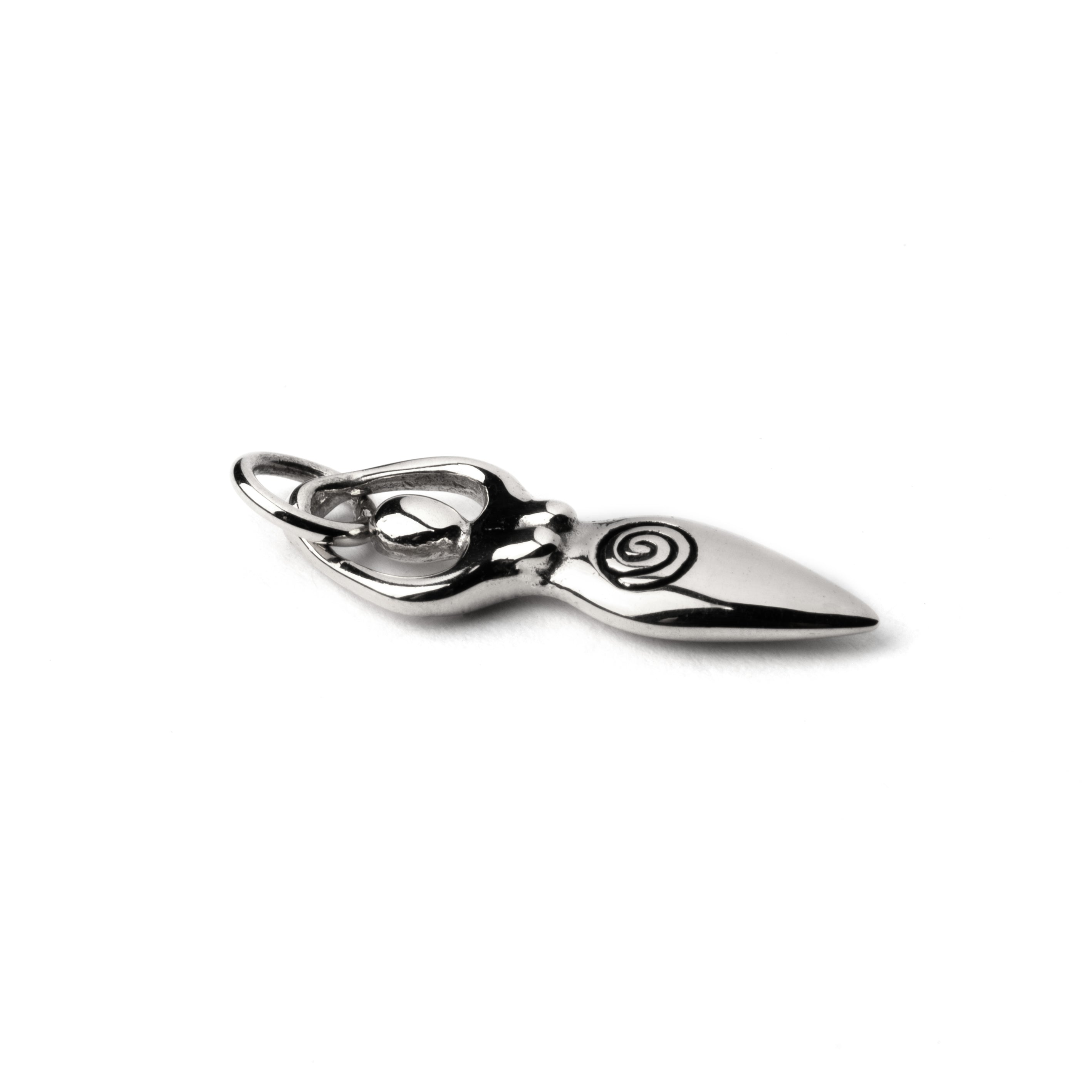 Tiny silver Fertility goddess with etched spiral charm only side view