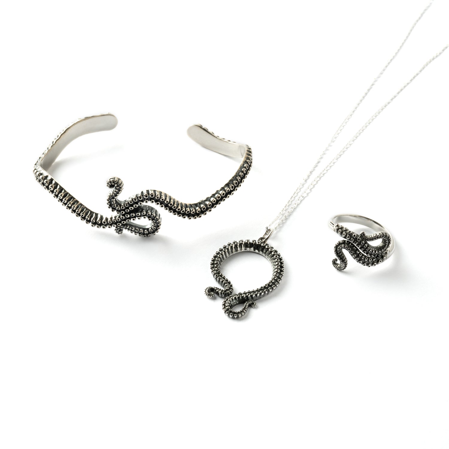 sterling silver octopus cuff bracelet, ring and necklace