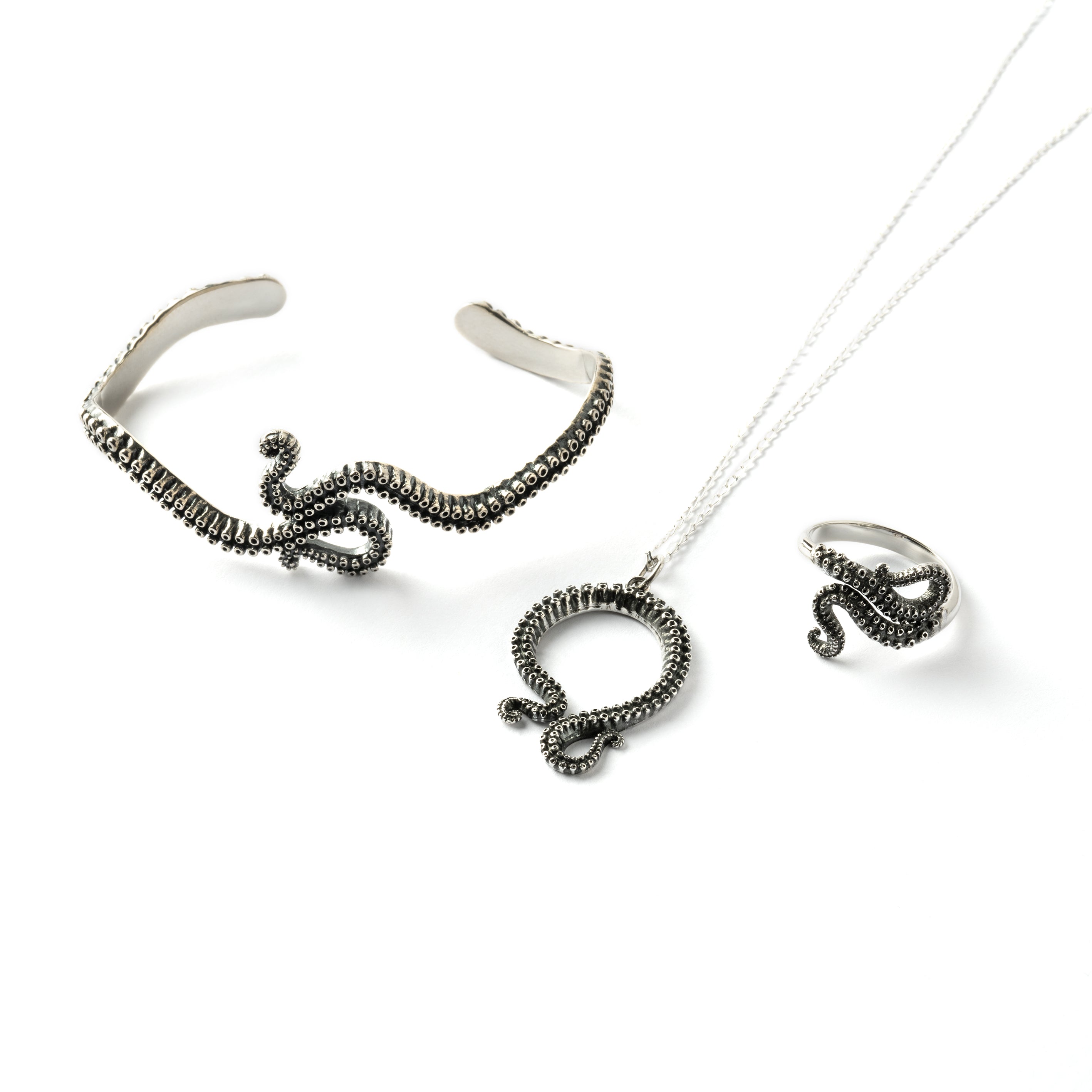 silver octopus necklace, ring and bracelet