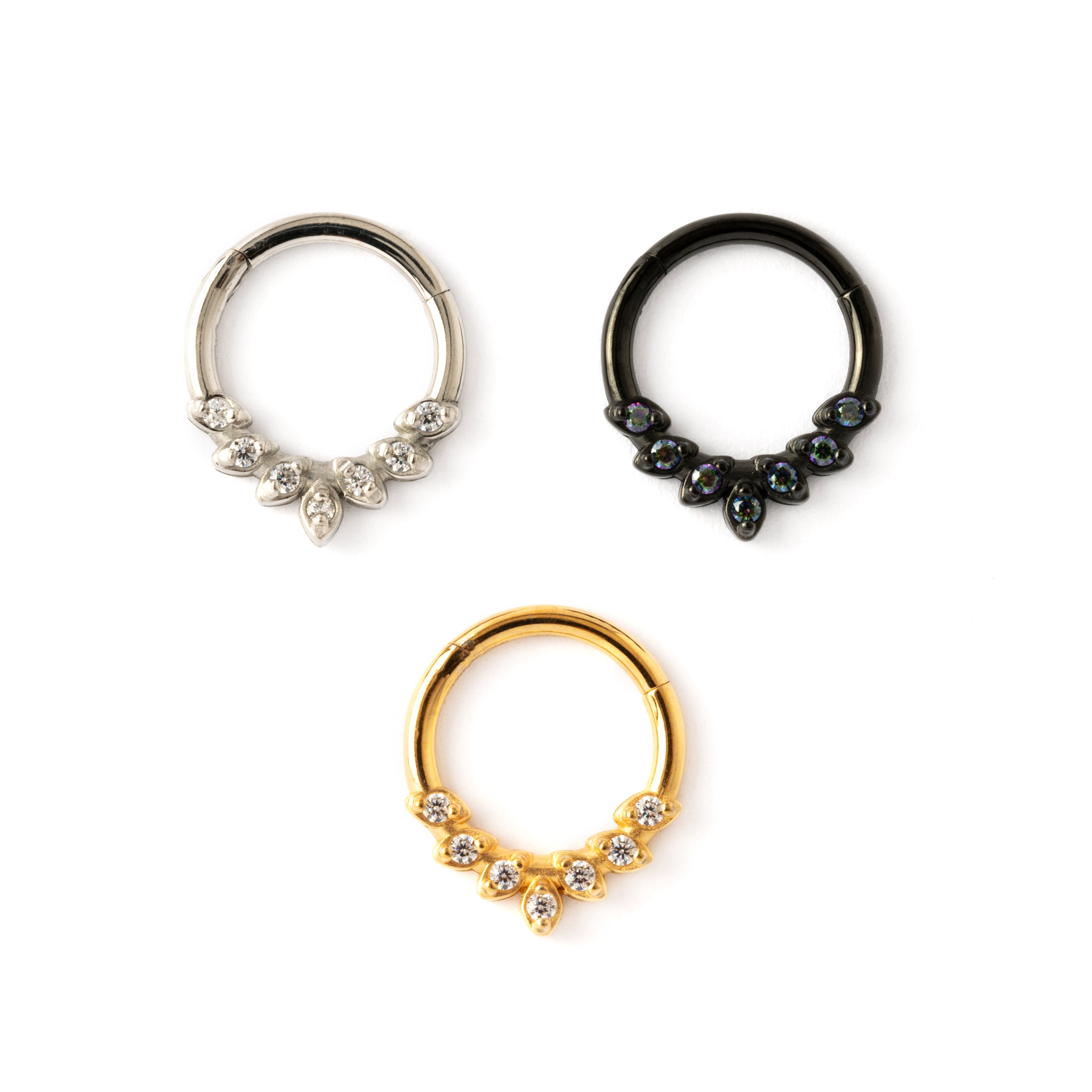 black gold surgical steel teardrop petals septum clicker with crystals frontal view