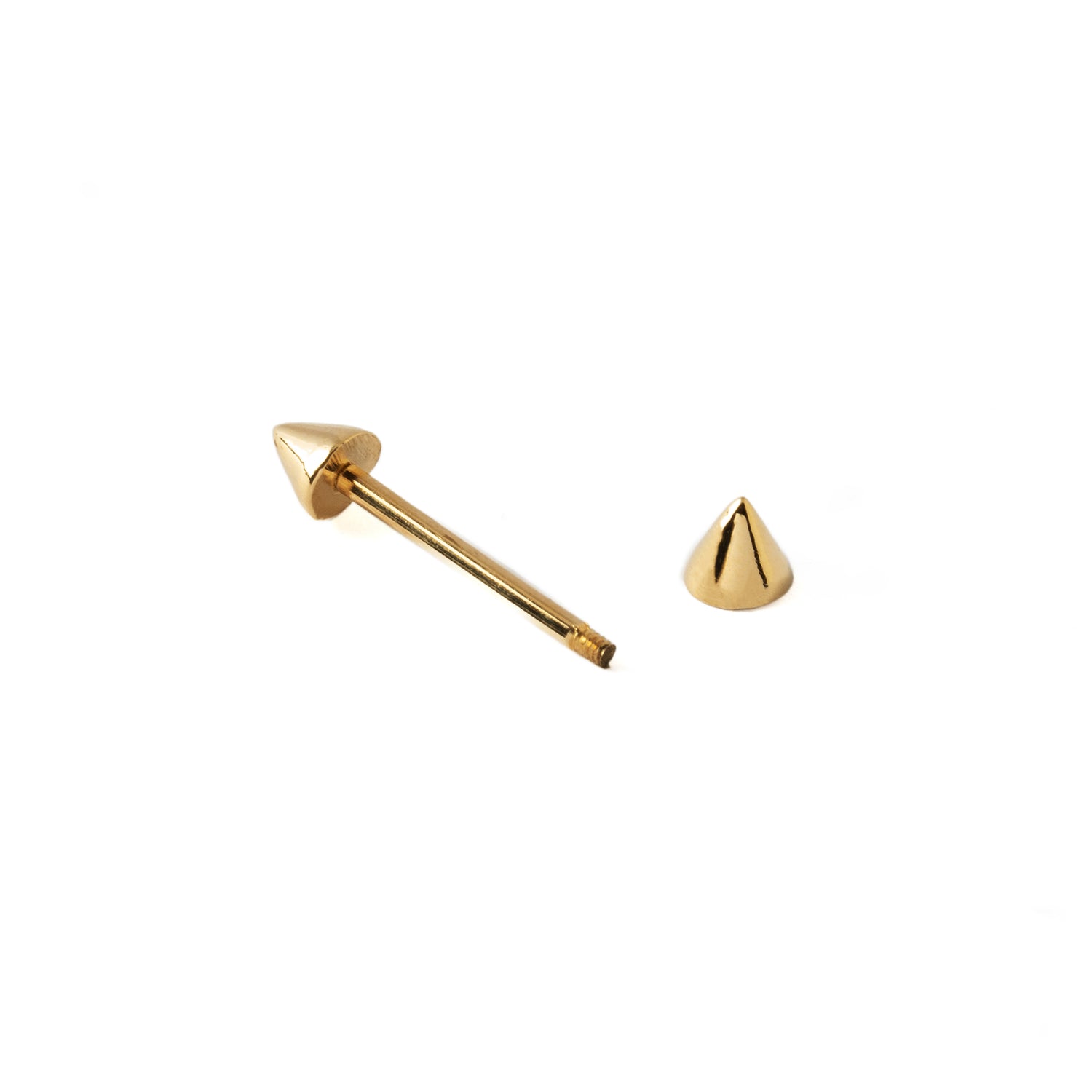 14k Gold Spikes Barbell internally threaded closure view