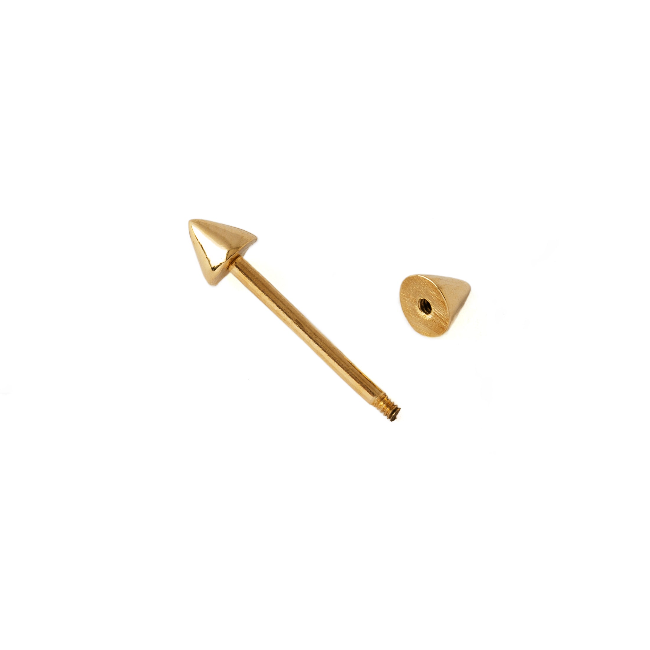 14k Gold Spikes Barbell internally threaded closure view
