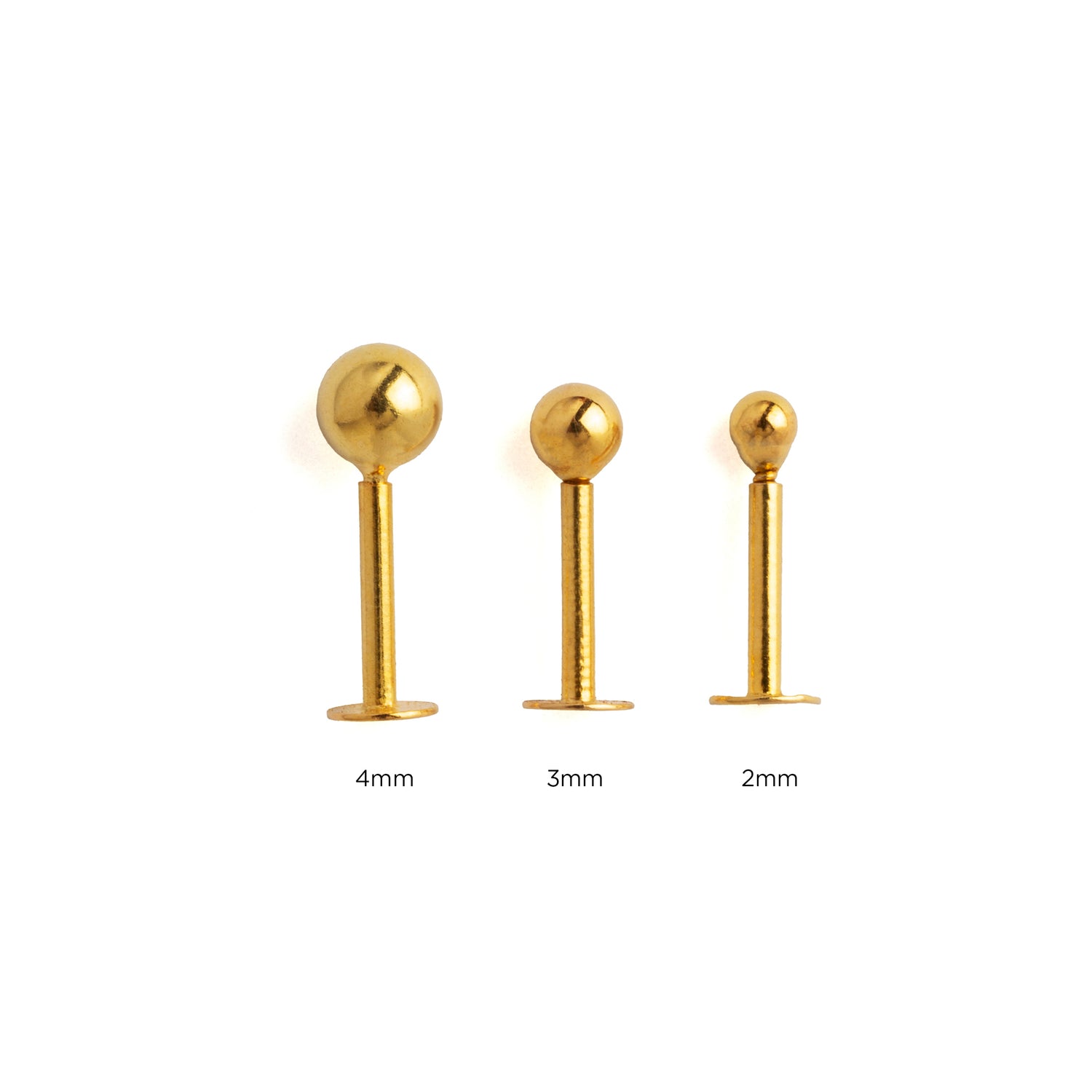 2mm, 3mm and 4mm 18K Gold Dot Flat Back Studs side view