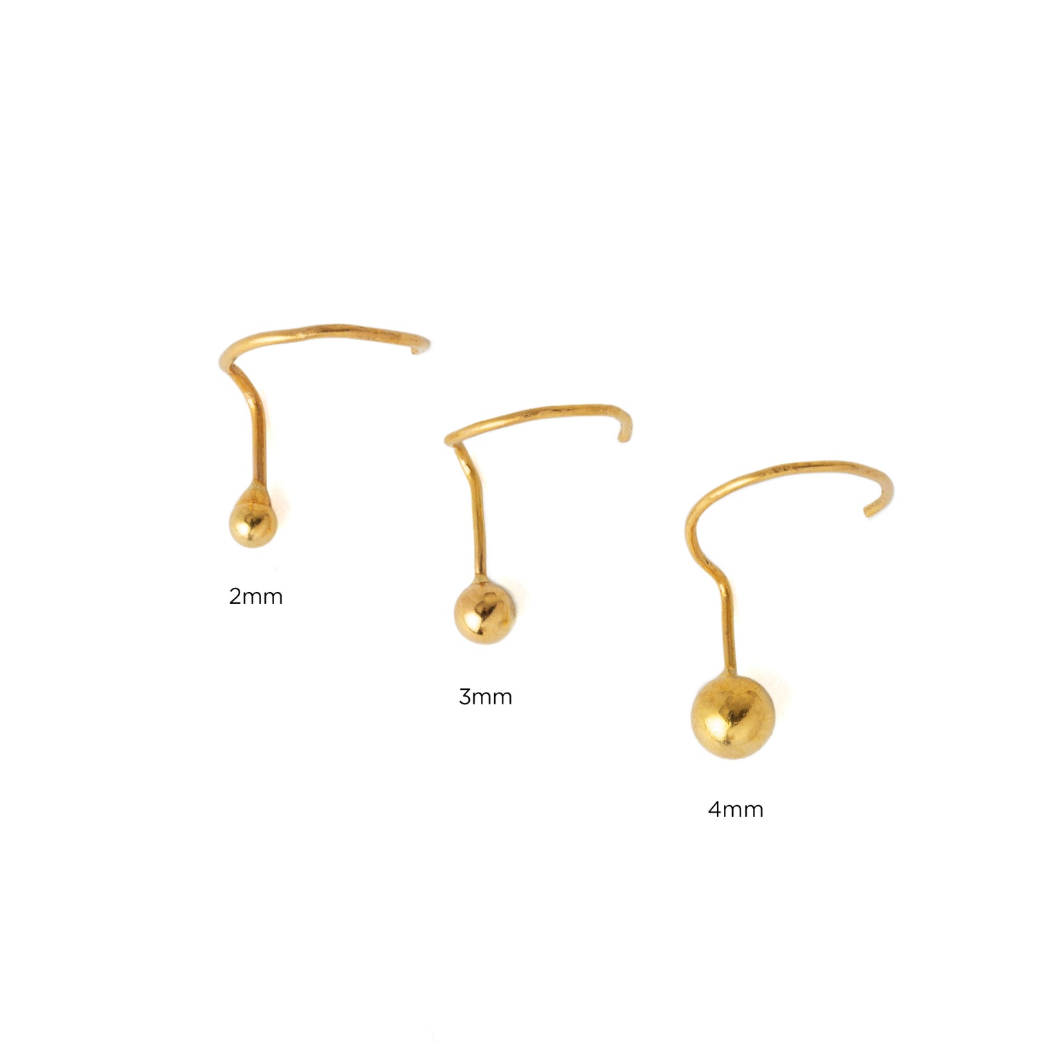 2mm, 3mm and 4mm 18K Gold Dot Nose Studs frontal view