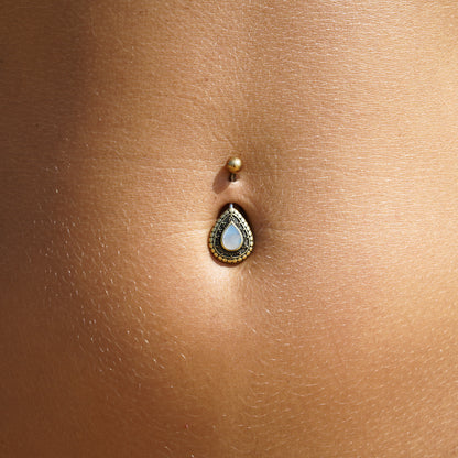 model wearing Adira Mother of Pearl Belly Bar