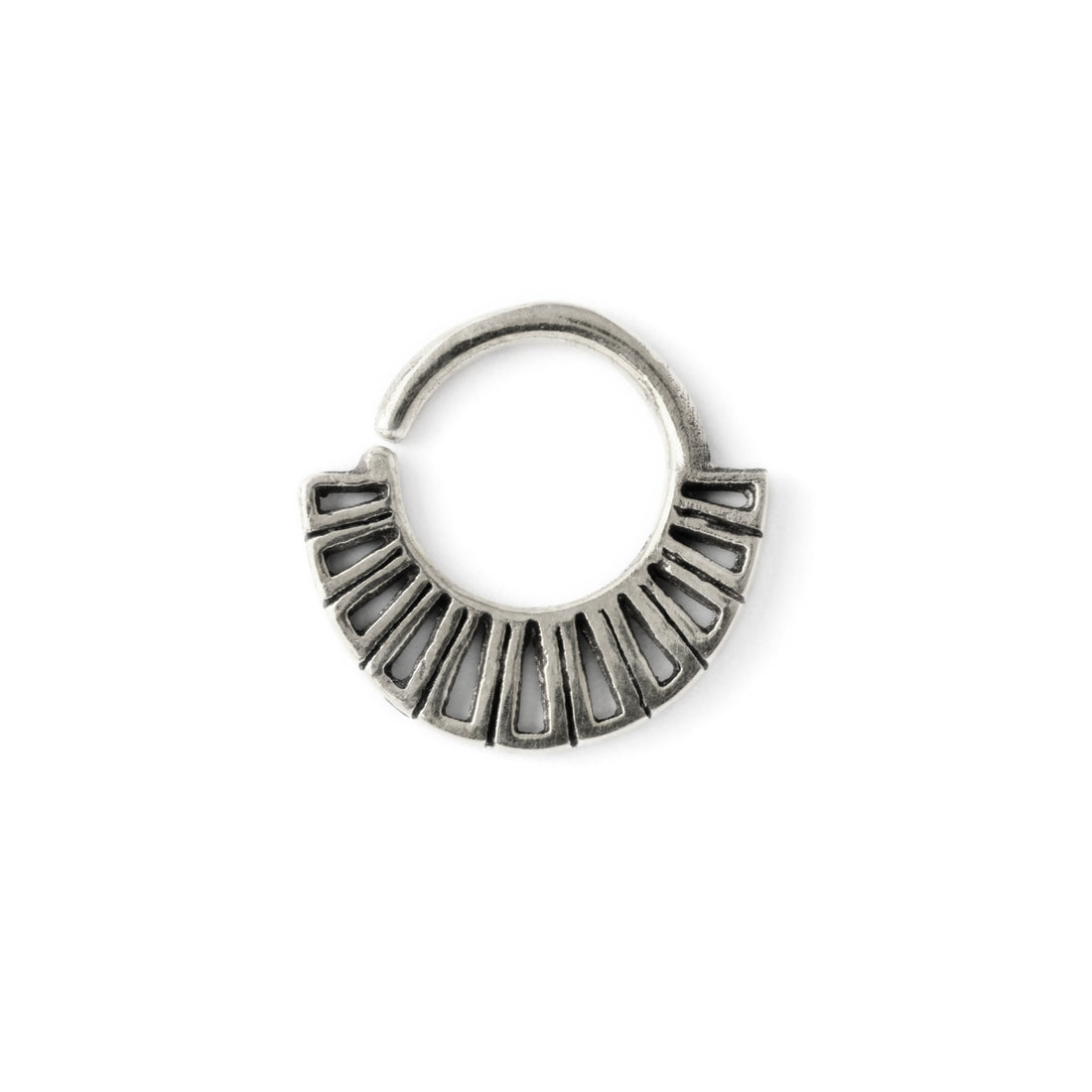 Aditi 18g (1mm) Silver tribal geometric septum piercing ring frontal view