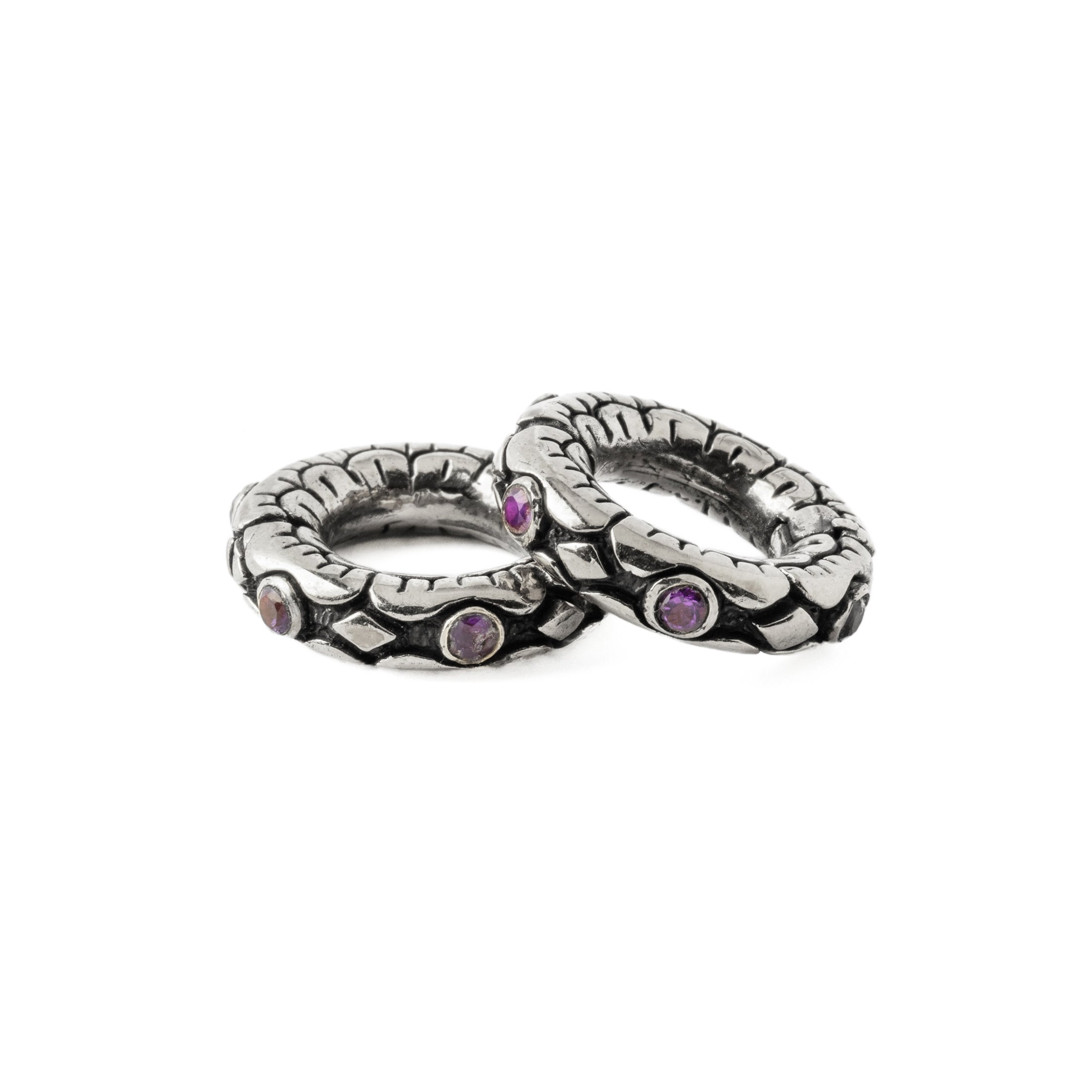 Pair of Ashara Silver Clicker Rings with Amethyst on top of each other