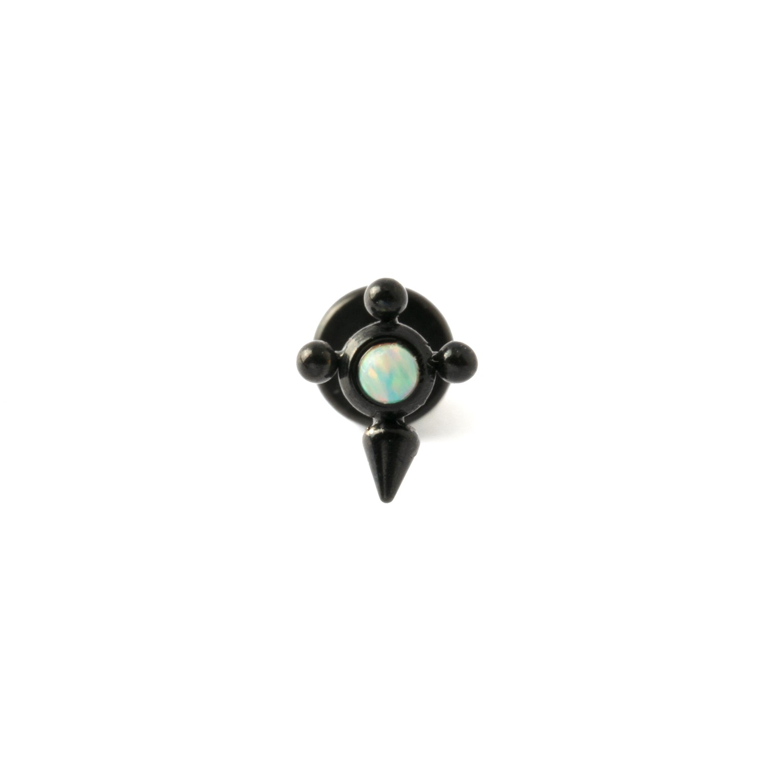 Barb Black Surgical Steel Labret with White Opal frontal view
