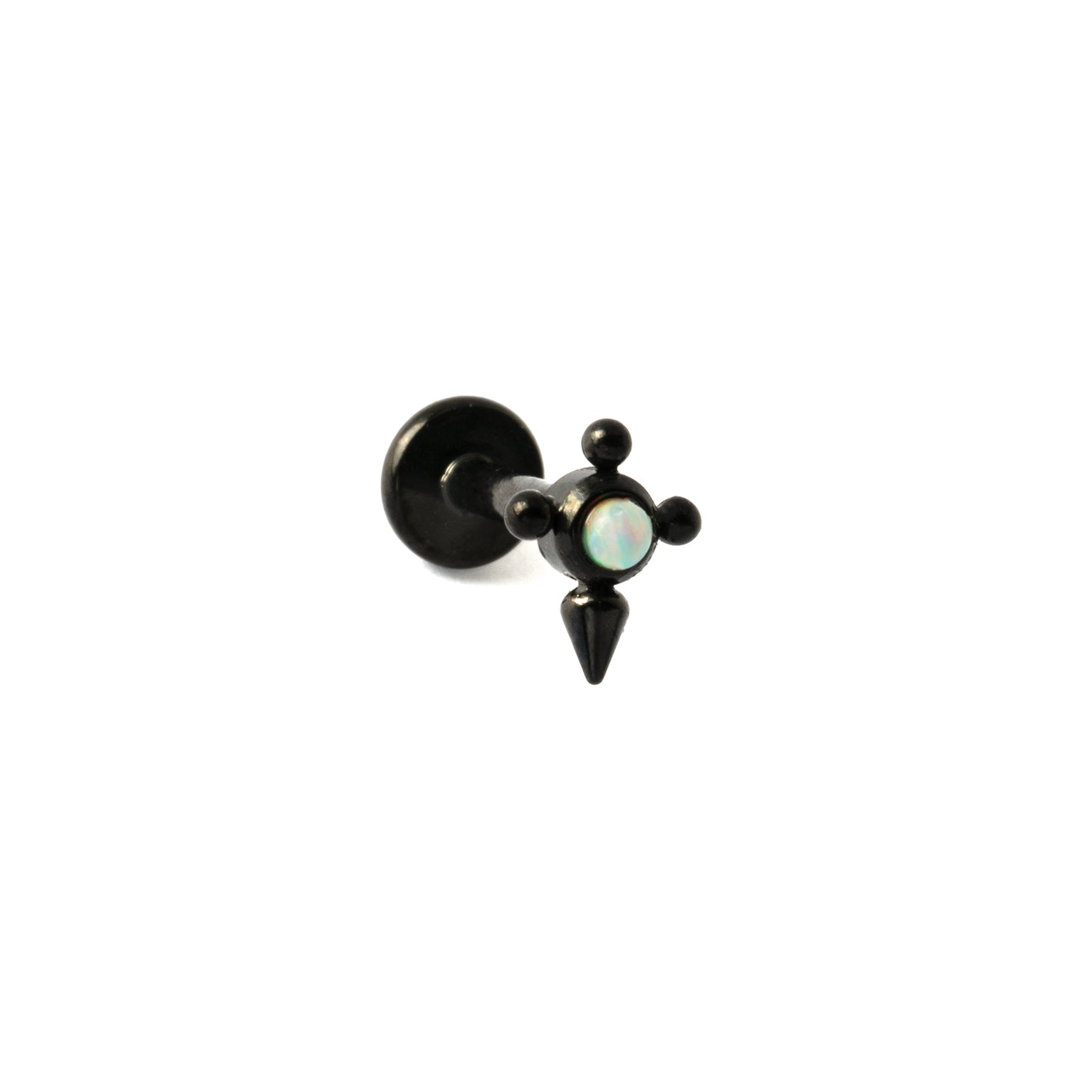 Barb Black Surgical Steel Labret with White Opal left side view