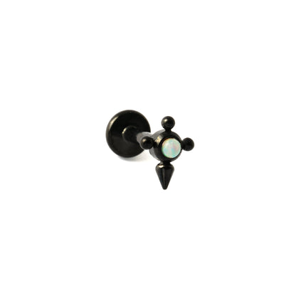 Barb Black Surgical Steel Labret with White Opal left side view