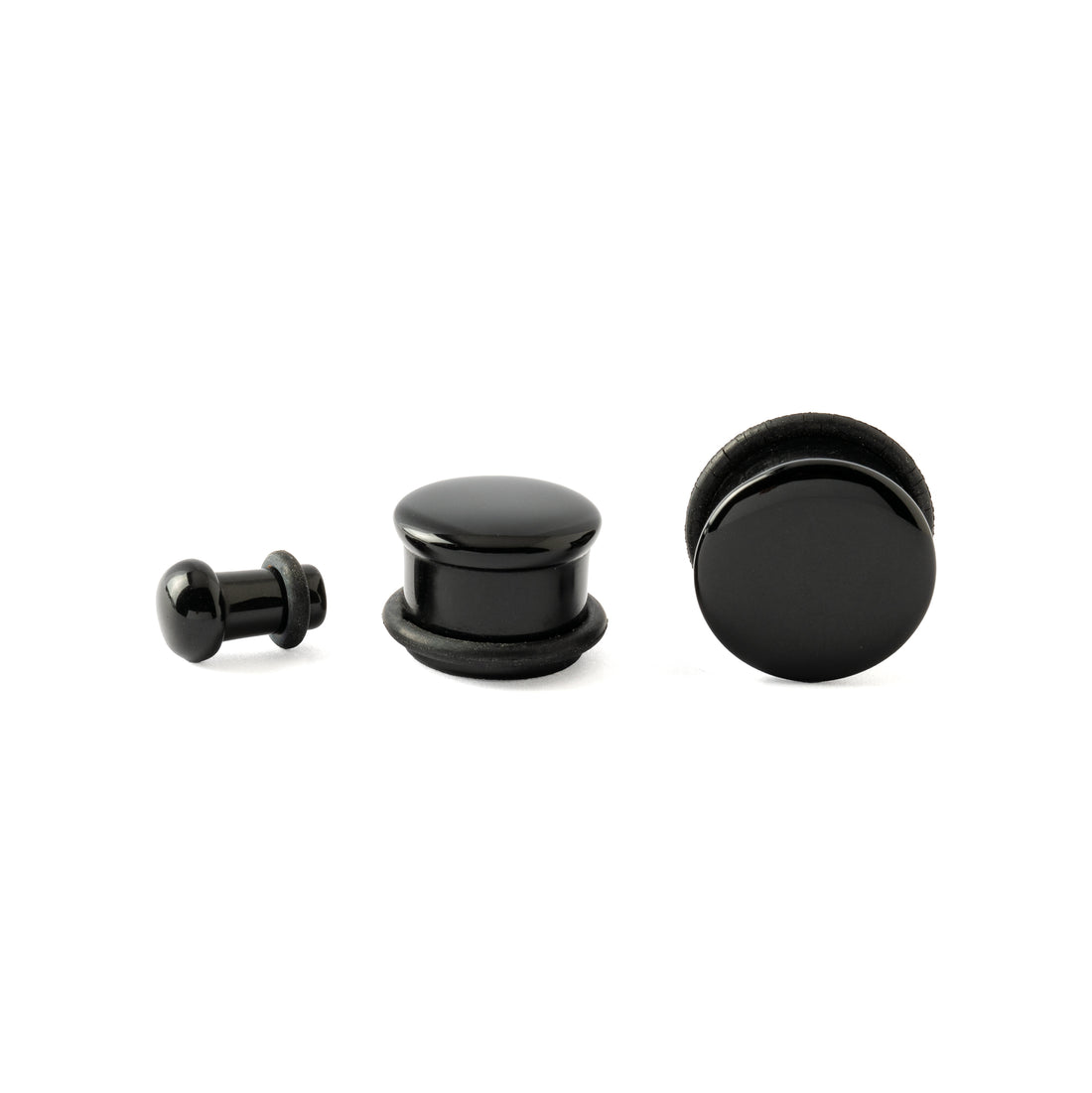 3 different sizes of Single Flare Black Agate Plugs