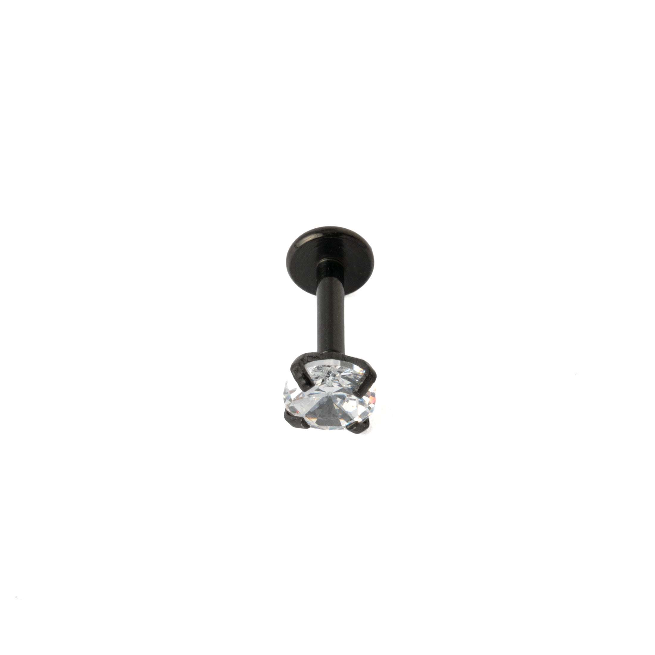 Black surgical steel labret piercing stud with CZ frontal view