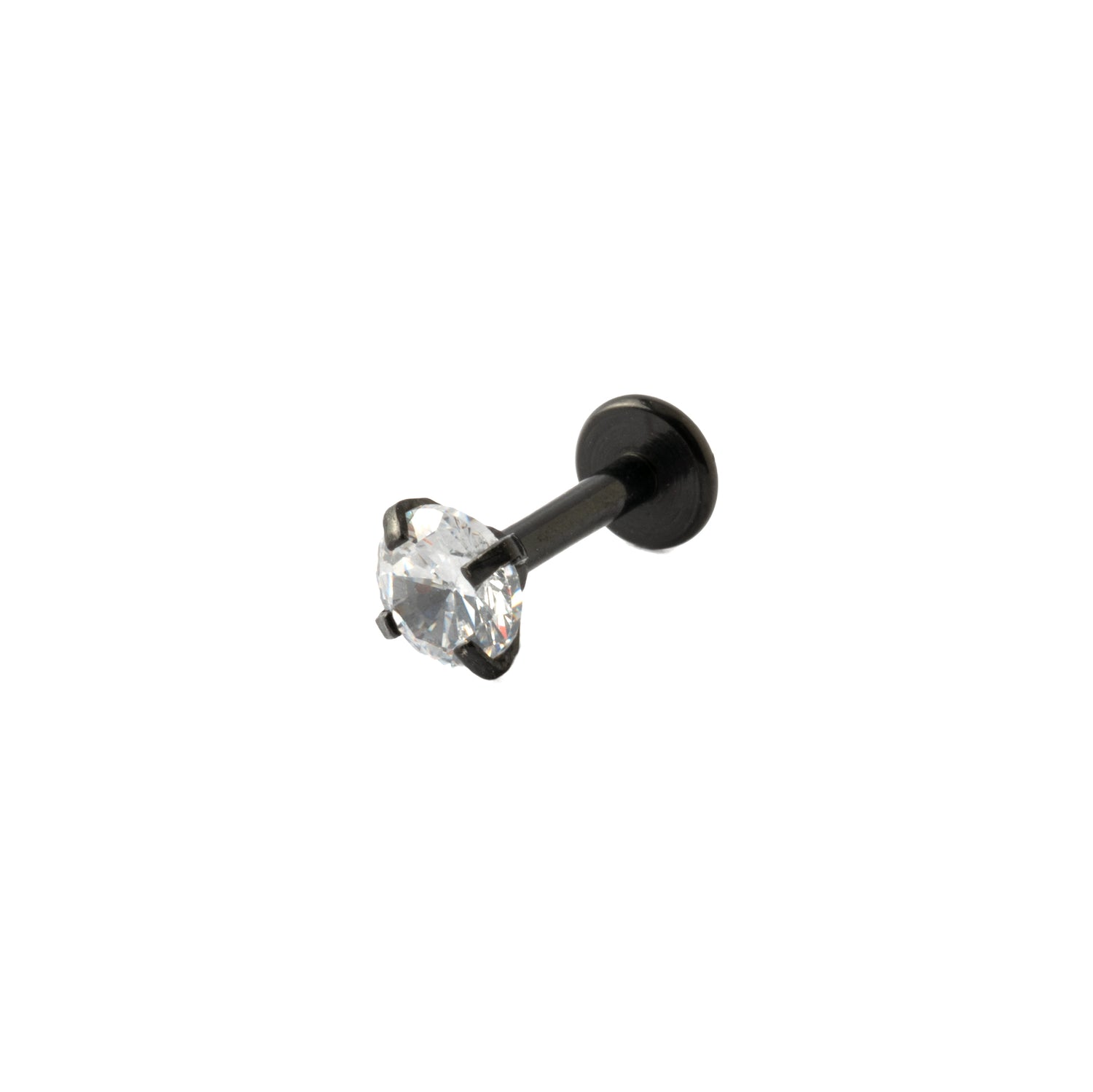 Black surgical steel labret piercing stud with CZ right side view