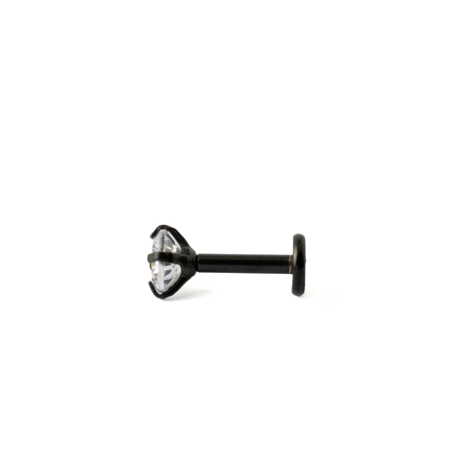 Black surgical steel labret piercing stud with CZ side view