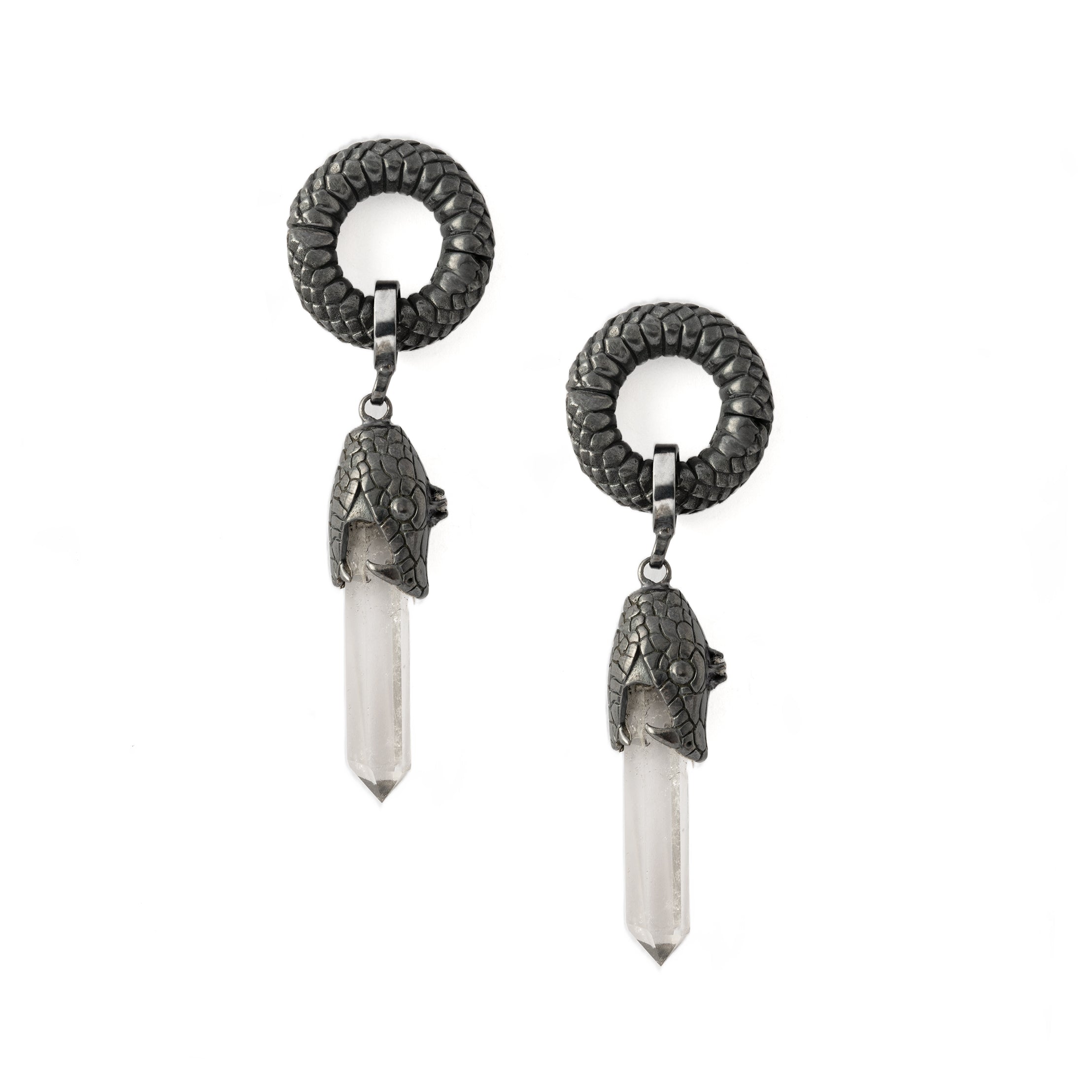 pair of Black silver Rebirth Snake Hangers with Quartz side view