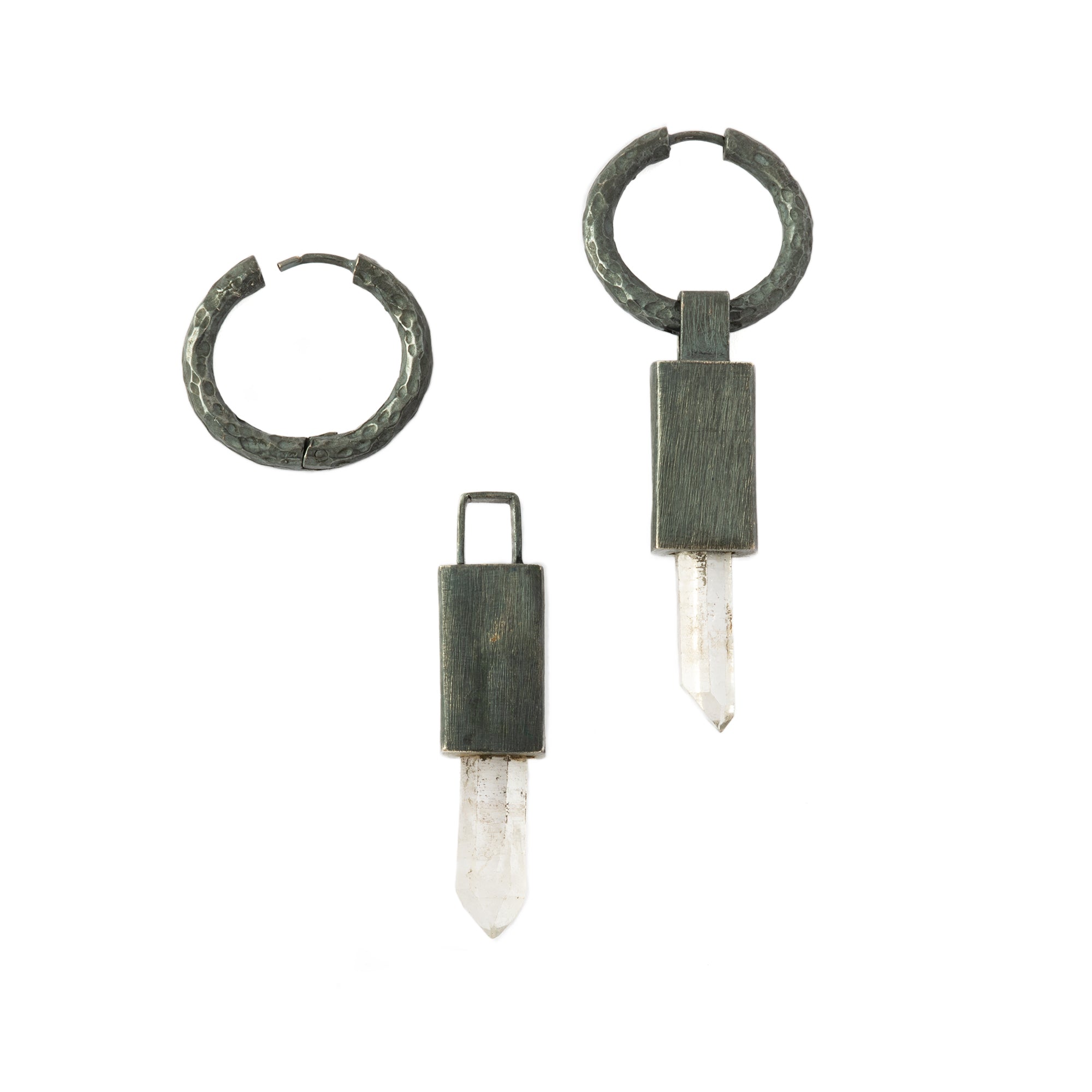 Black Silver Block Crystal Quartz drop Earrings frontal view - hoop and pendant are separate 