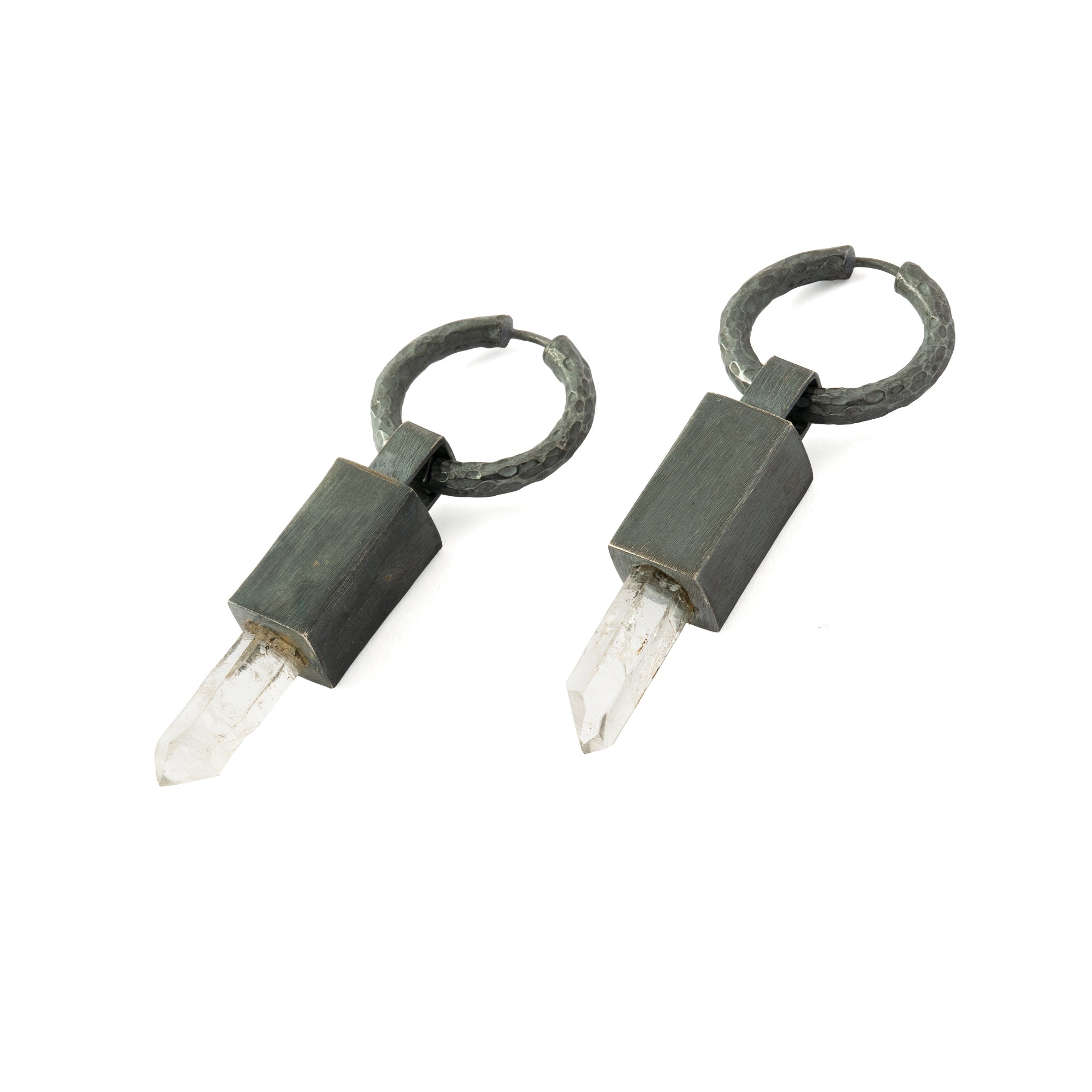 Black Silver Block Crystal Quartz drop Earrings right side view