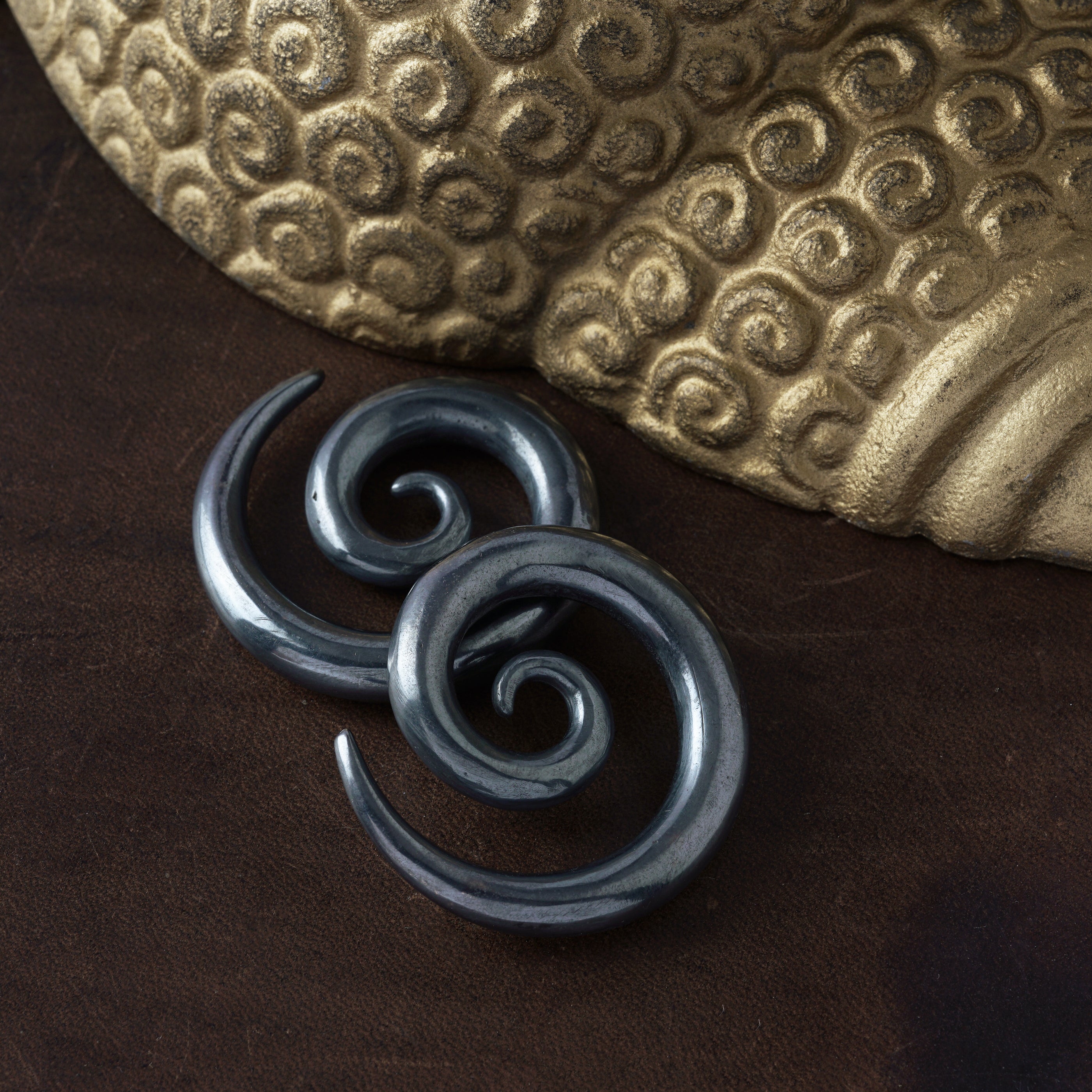 Koru Black Silver Gauge Earrings