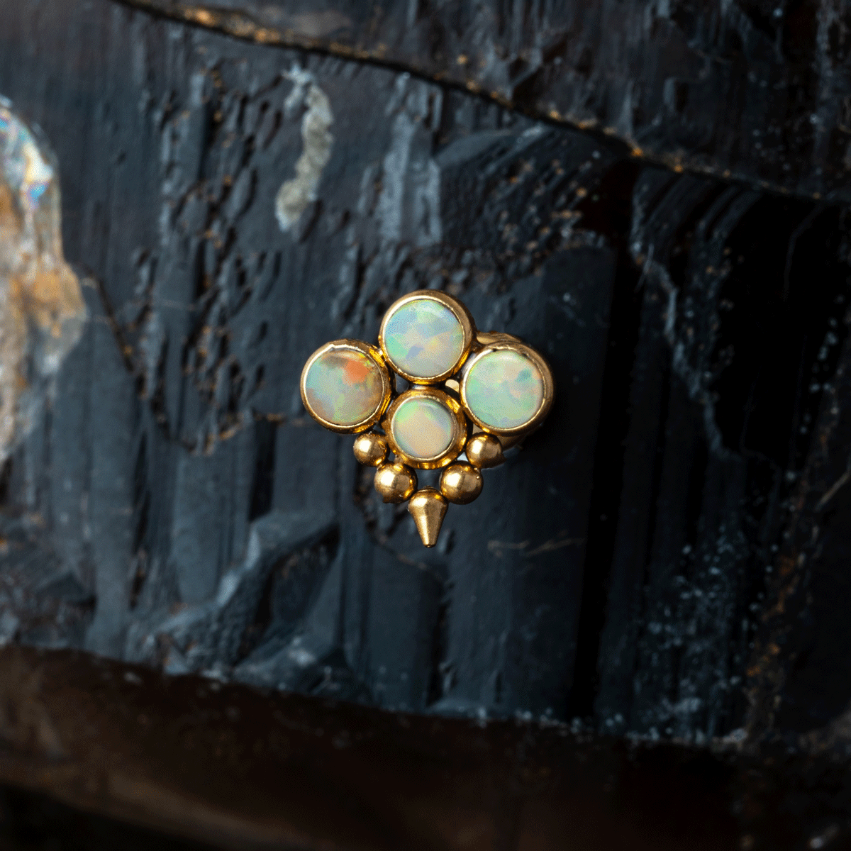 Brenna Golden internally threaded Labret with Black Onyx, White Opal and Turquoise