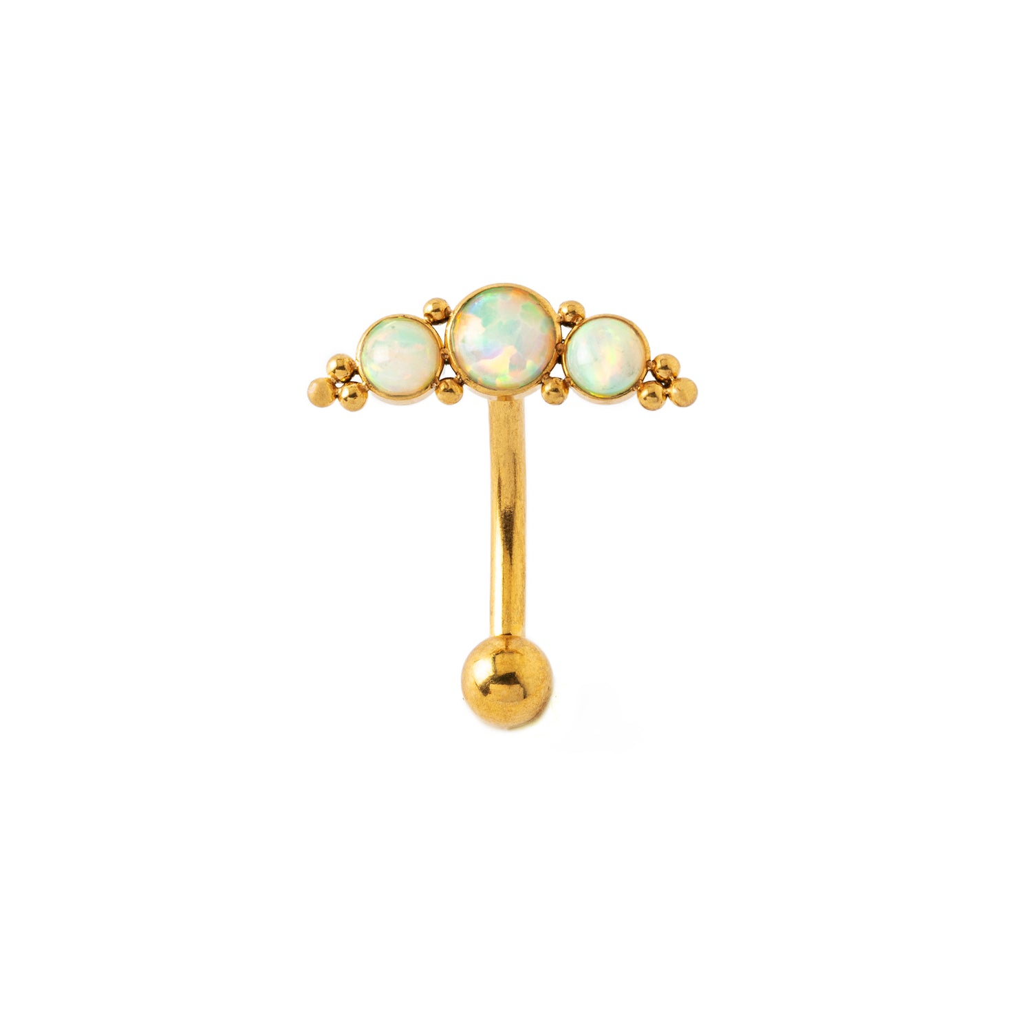 Deva I Golden Navel Piercing with White Opal frontal view