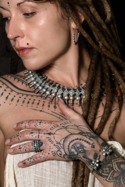 model wearing Tribal Silver Cuff with Spheres