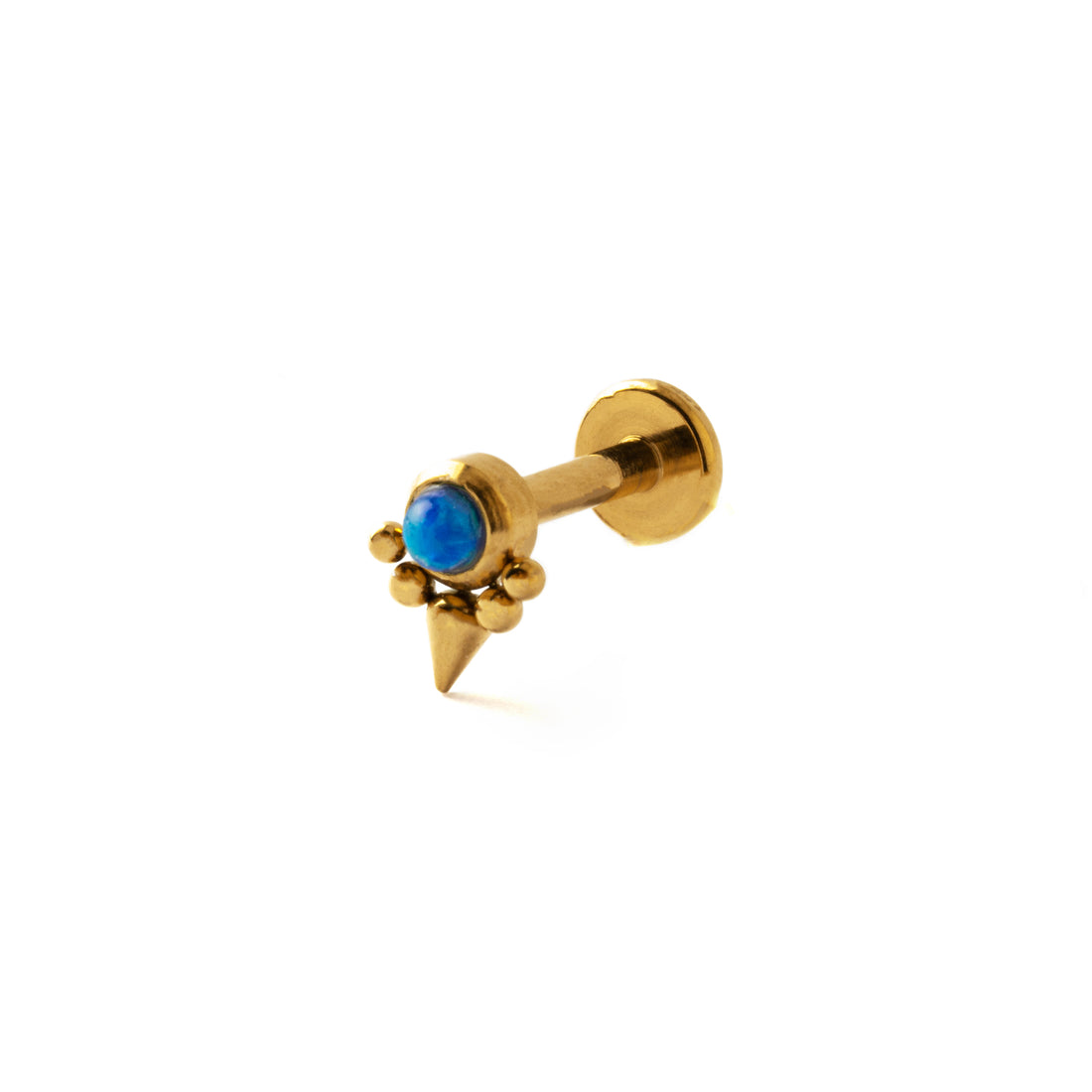 Elvira Gold surgical steel internally threaded Labret with Blue Opal right side view