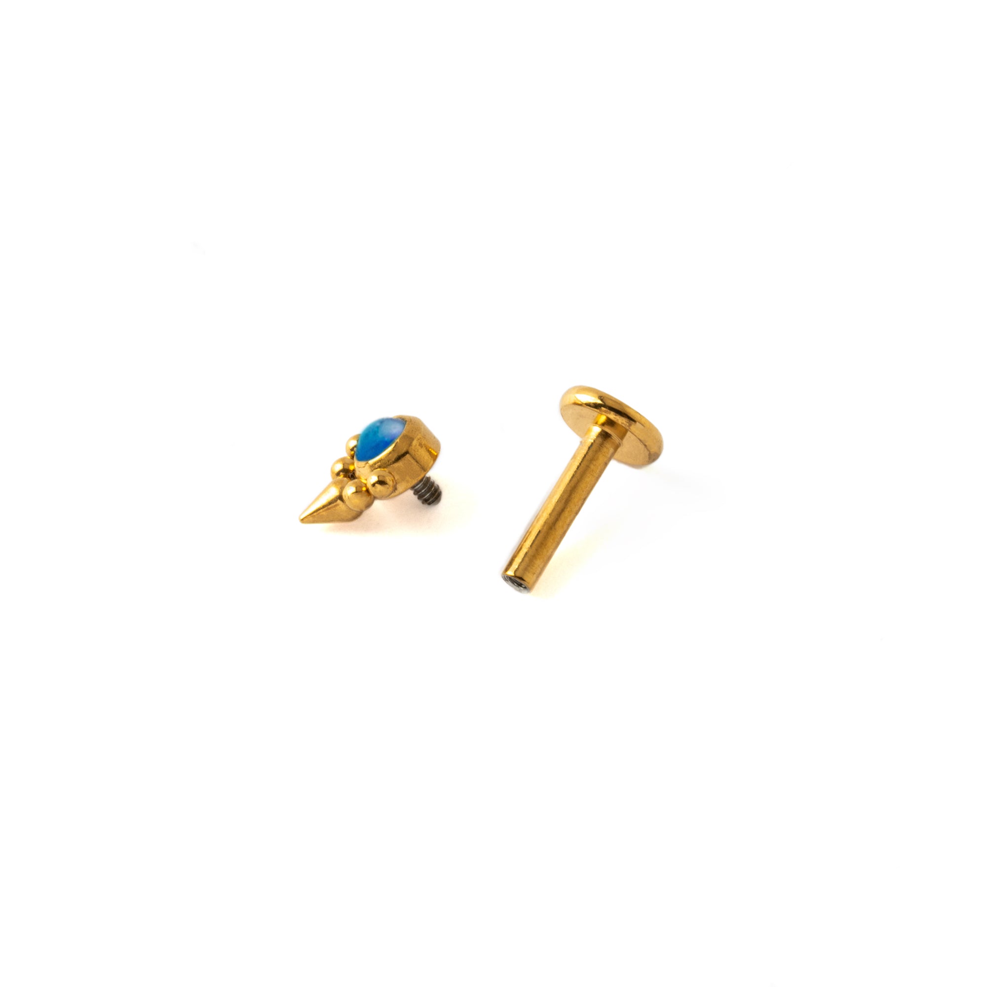 Elvira Gold surgical steel internally threaded Labret with Blue Opal open mode view