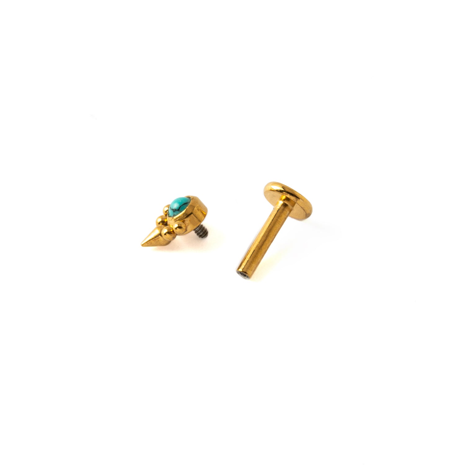 Elvira Gold surgical steel internally threaded Labret with Turquoise open mode view