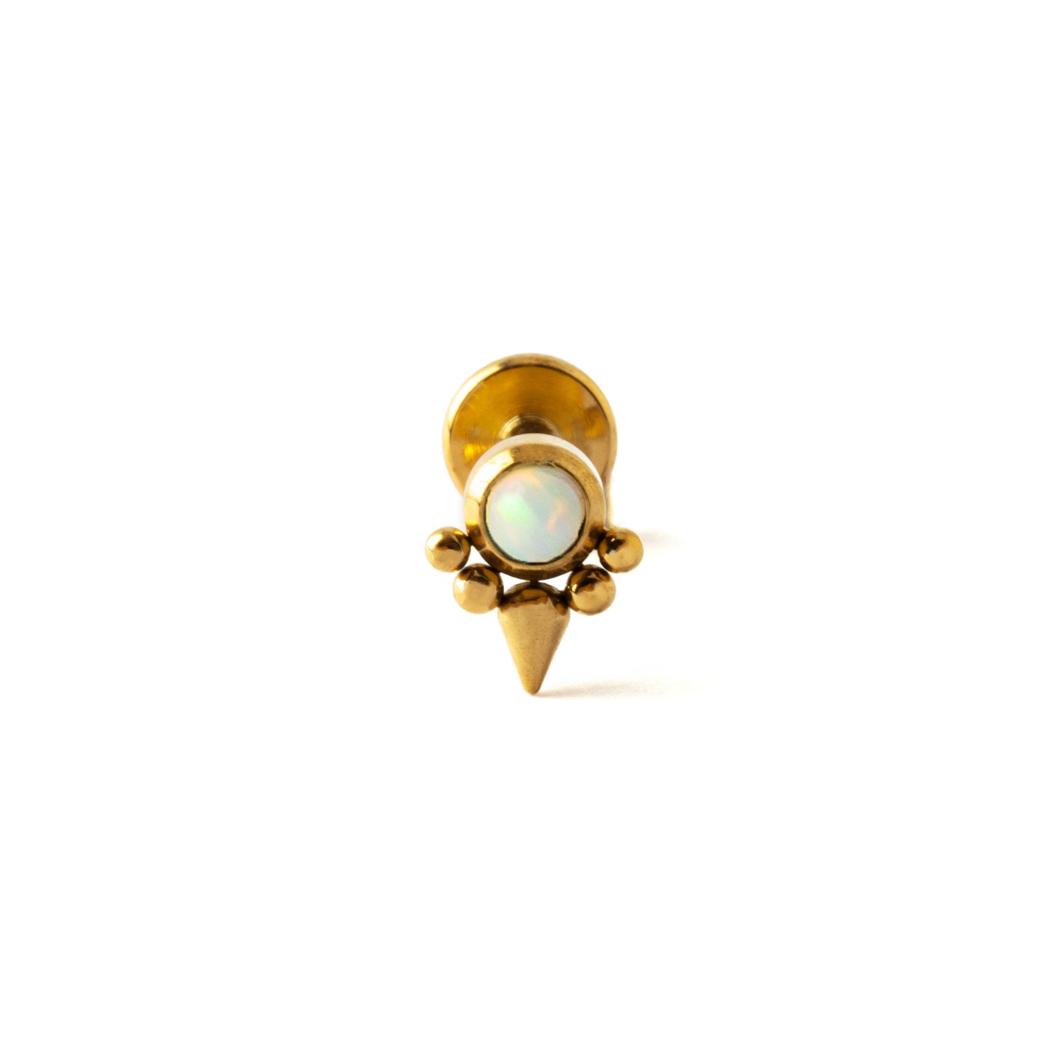 Elvira Gold surgical steel internally threaded Labret with White Opal frontal view