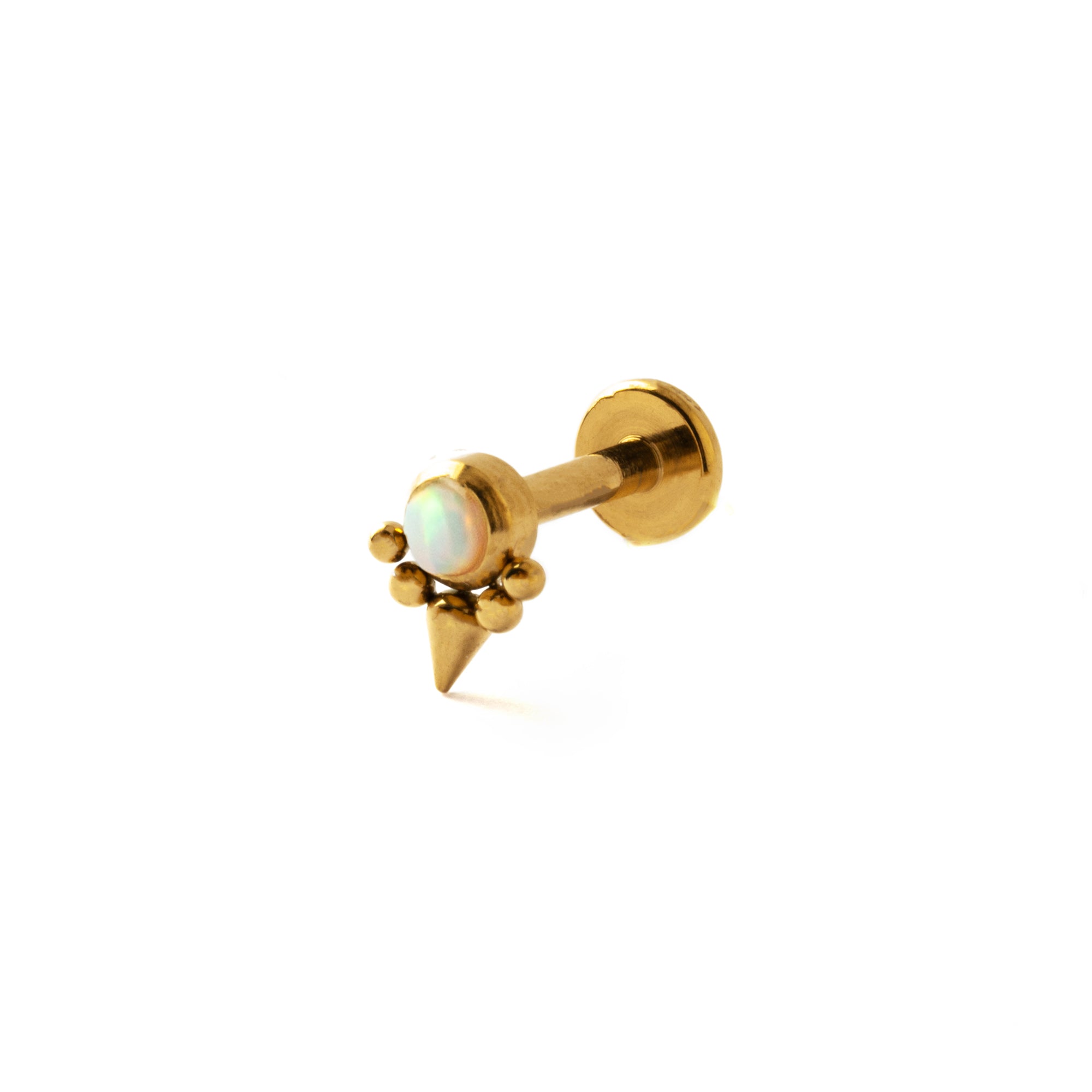 Elvira Gold surgical steel internally threaded Labret with White Opal right side view