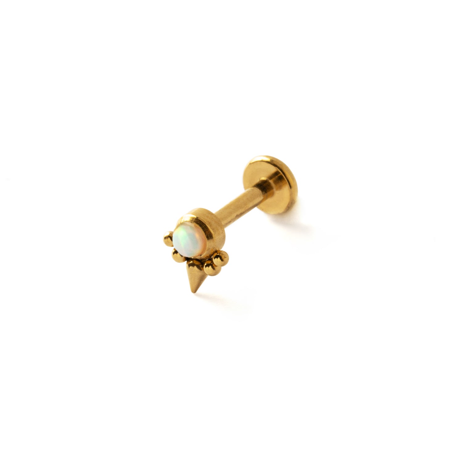 Elvira Gold surgical steel internally threaded Labret with White Opal right side view