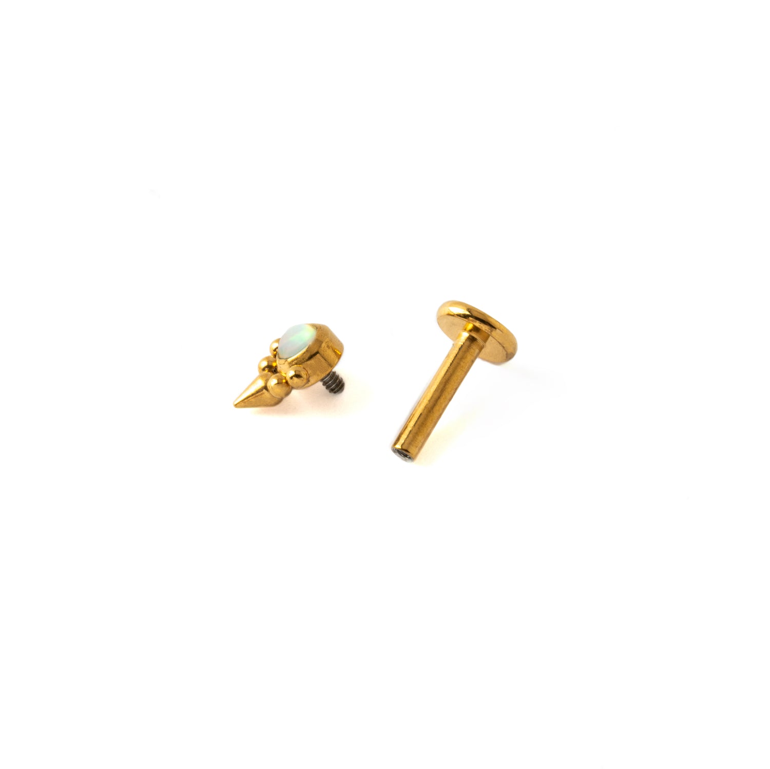 Elvira Gold surgical steel internally threaded Labret with White Opal open mode view