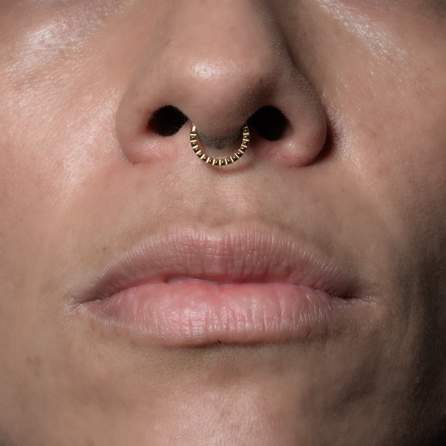 model wearing 14k Gold Giza Clicker Ring on her septum