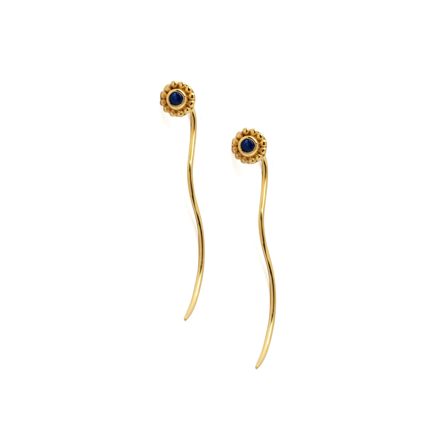 Gold Flower &amp; Lapis Stem Earrings frontal view