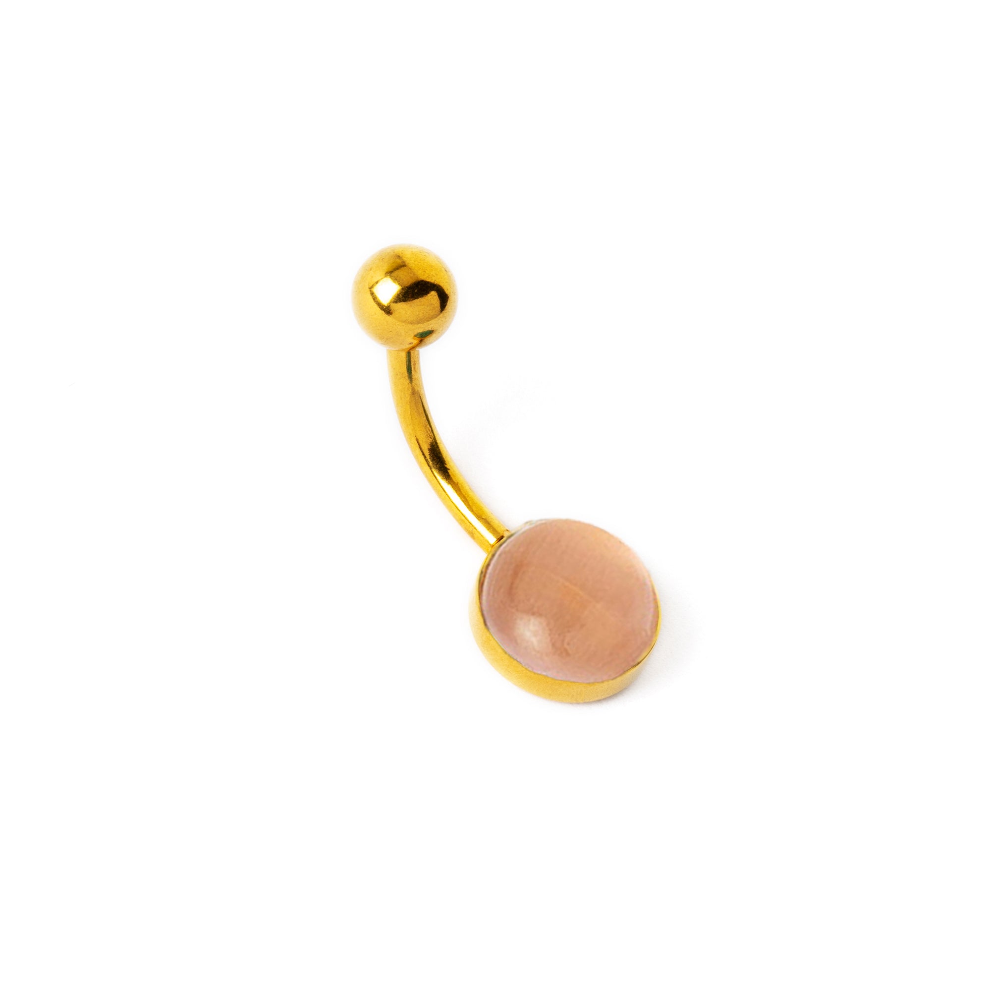 Gold surgical steel Belly Bar with Rose Cat Eye left side view