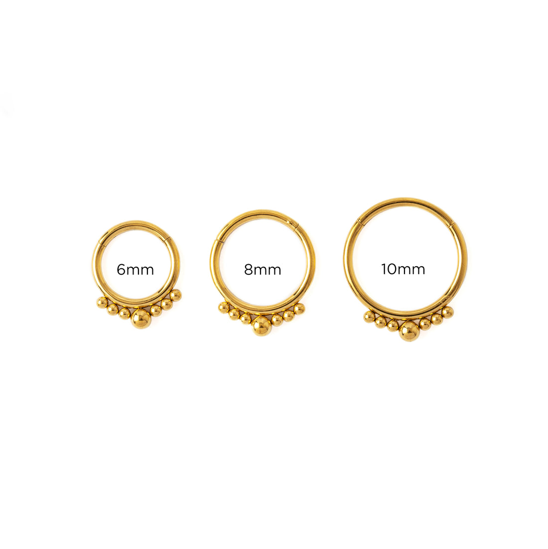 6mm, 8mm, 10mm Golden Marjani Septum Clickers frontal view